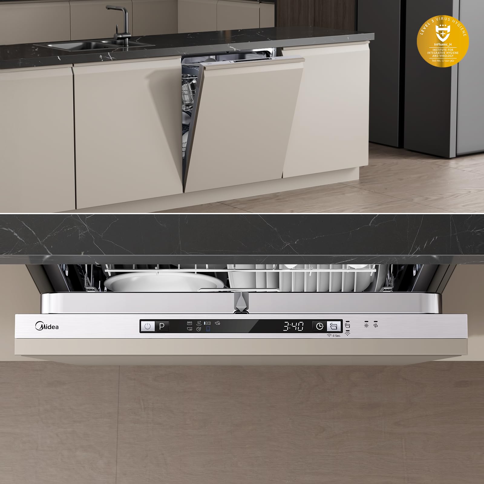 Midea SV 5.14K14C Lavavajillas Integrado 60 cm, 14 cubiertos, Lavavajillas integrable con WiFi, 8 programas, 44 dB, Apertura automática de puerta, 0-24H Inicio retardado, Acero inoxidable
