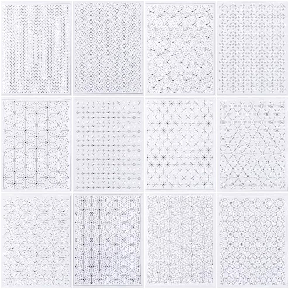 ORIGACH 12 Styles Sashiko Water Soluble Embroidery Stabilizers Traditional Japanese Sashiko Water Soluble Embroidery Transfer Patterns Stabilizers Stick Stitch Embroidery Sticker for Mending