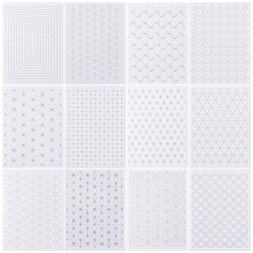 ORIGACH 12 Styles Sashiko Water Soluble Embroidery Stabilizers Traditional Japanese Sashiko Water Soluble Embroidery Transfer Patterns Stabilizers Stick Stitch Embroidery Sticker for Mending