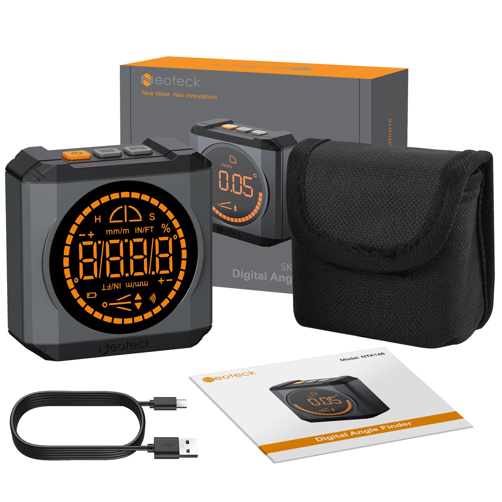 Neoteck Inclinomètre Numérique LED Rechargeable Goniomètre Haute Précision ±0,1° Rapporteur d'Angle Niveau Digital Base Magnétique Puissante Mesure d'Angle 4 Modes IP54 pour Menuiserie BTP Auto Noir