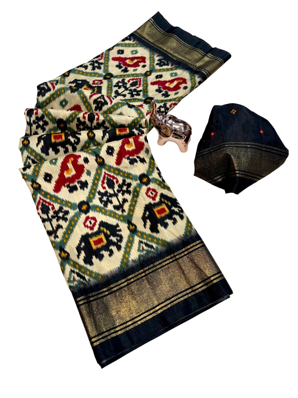 tushana Women's Dola Silk Saree Beautiful Foil Print Patola Ikat Design Contrast Border With Blouse Piece-picture-56