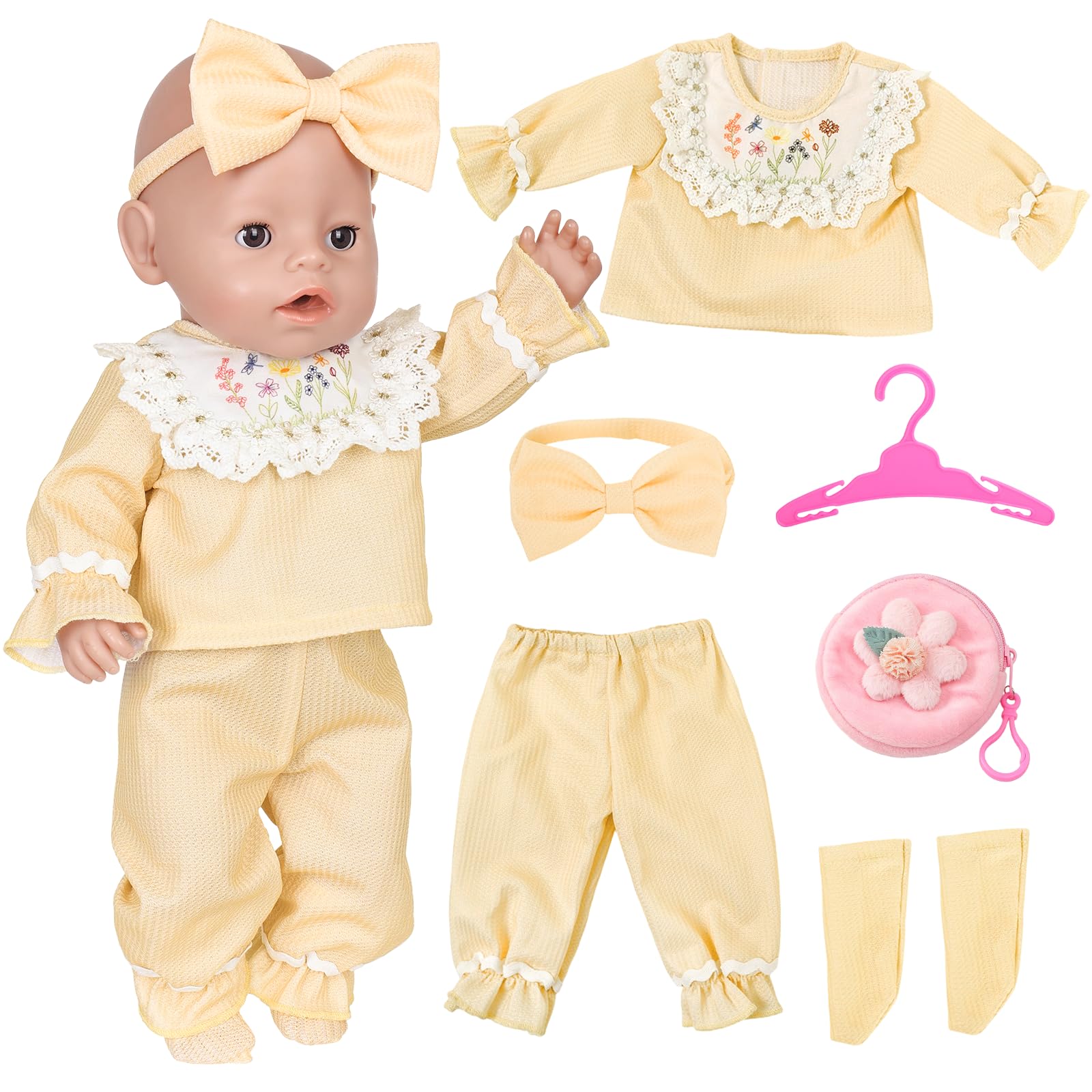 6 Pcs Baby Doll Clothes for 35–43 cm Dolls, Cute Doll Clothes Outfits with Long Sleeved Shirts Pants Bags Handbags Socks Hairbands Baby Doll Accessories for 14-17 Inch Baby Dolls, Girls' Birthday Gift