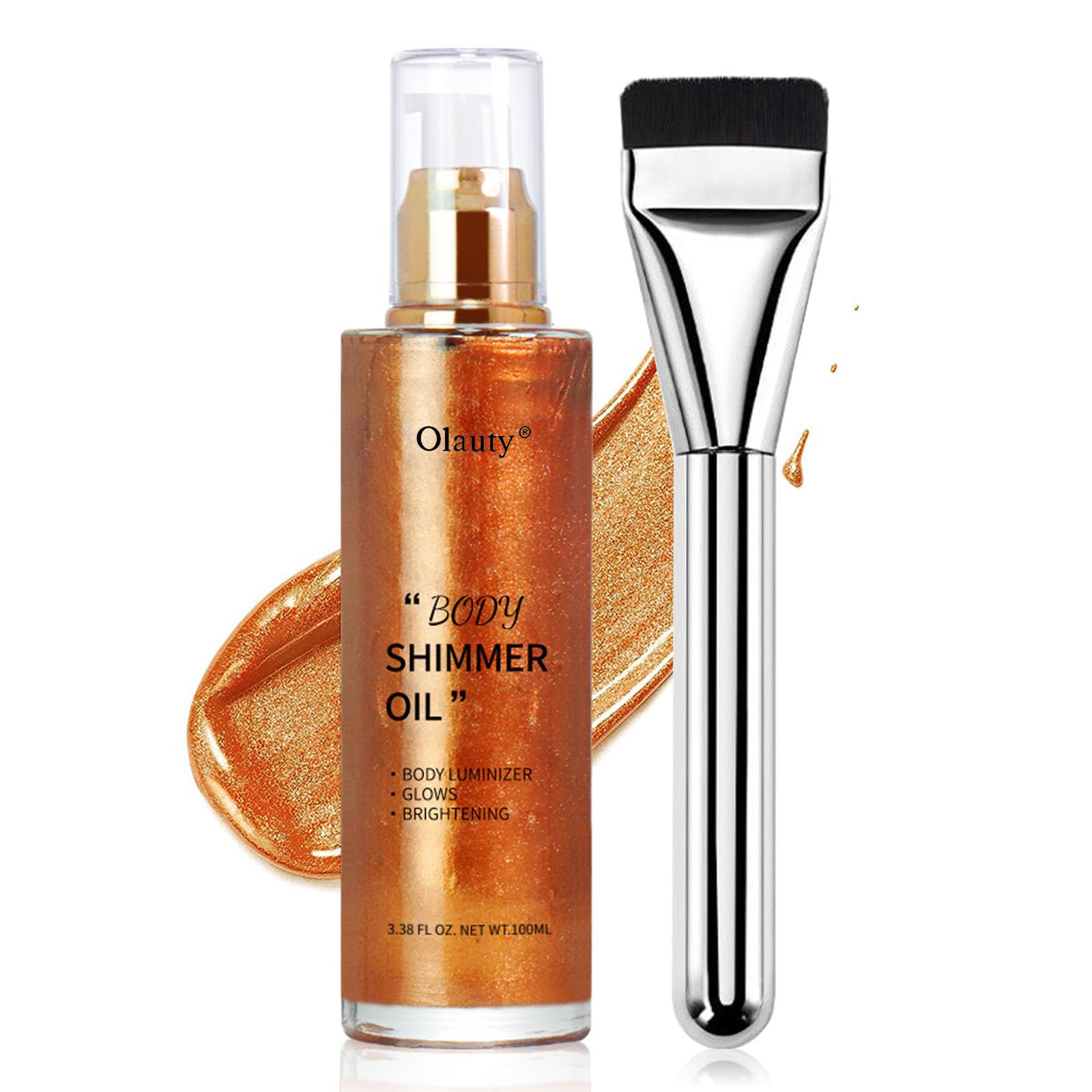 LingyunShimmer Body Oil-Bronze Gold Face Brighten Pearl Highlighter Liquid Illuminator Body Glow Oil,4 Color Bronze Makeup Glitter Body Shimmer Oil with Makeup Brush