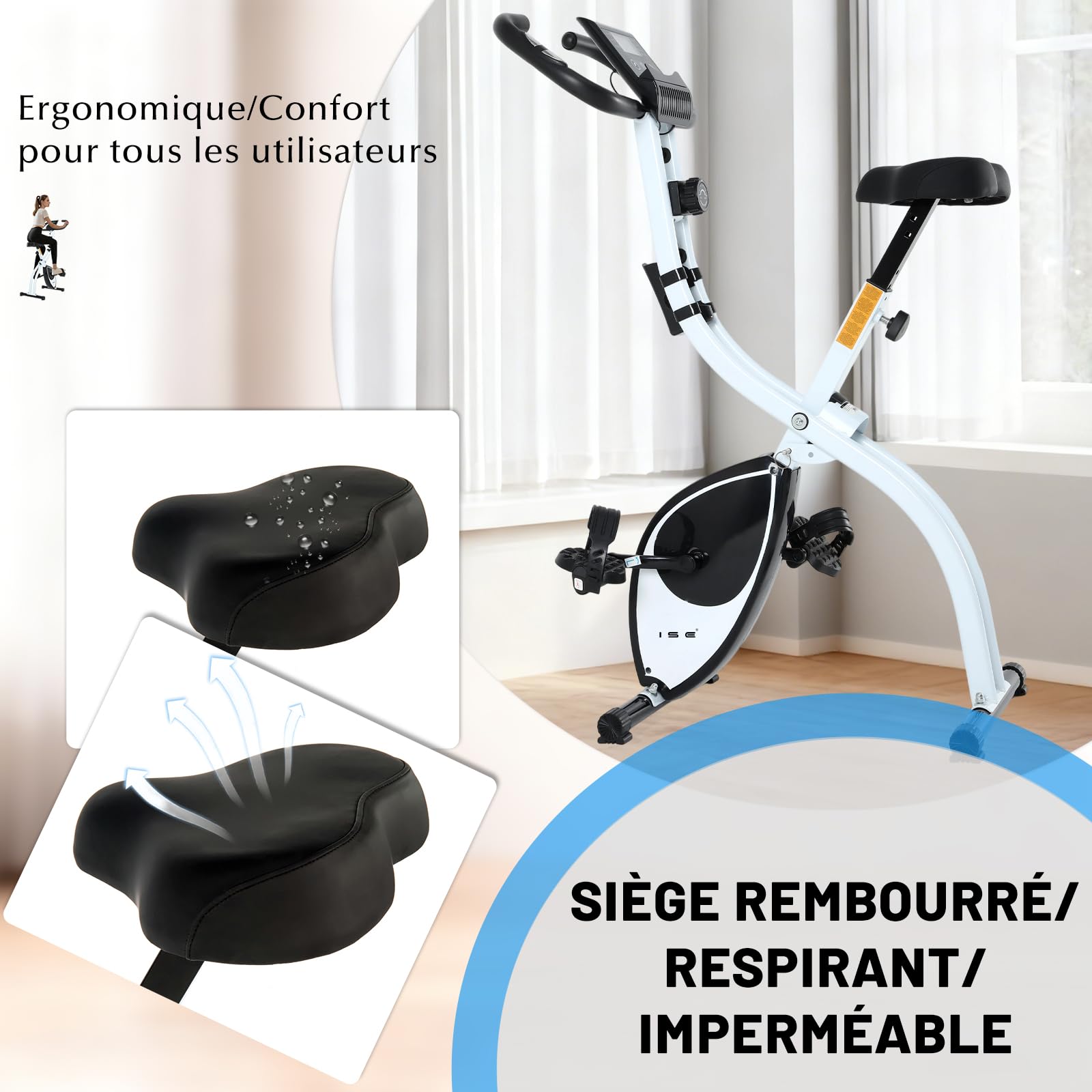 ISE Mini Vélo d'Appartement Pliable, 8 Niveaux Résistance Magnétique, Ecran LCD, Capteur de Fréquence Cardiaque, Blanc