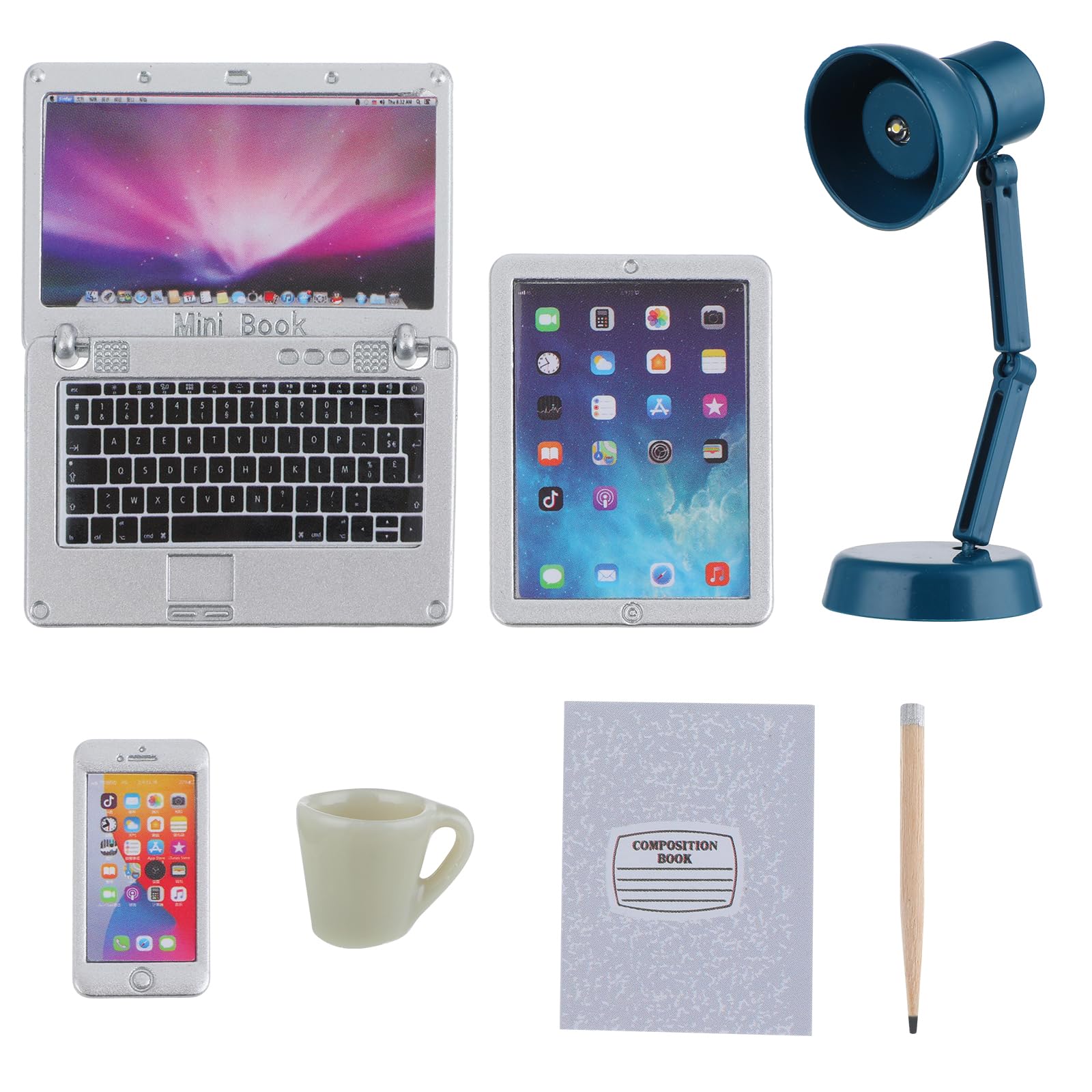 simarro7 Pcs Miniature Dollhouse Laptop Computer, Mini Desk Lamp Simulation Scale Tablet Phone Dollhouse Accessories, Mini House Accessories Office Mini House (Black)