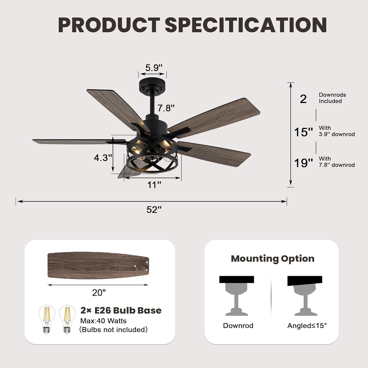 52 Inch Farmhouse Ceiling Fans with Lights and Remote Quiet and Reversible DC Motor Black Industrial Rustic Caged Ceiling Fan for Bedroom Living Room Covered Patio