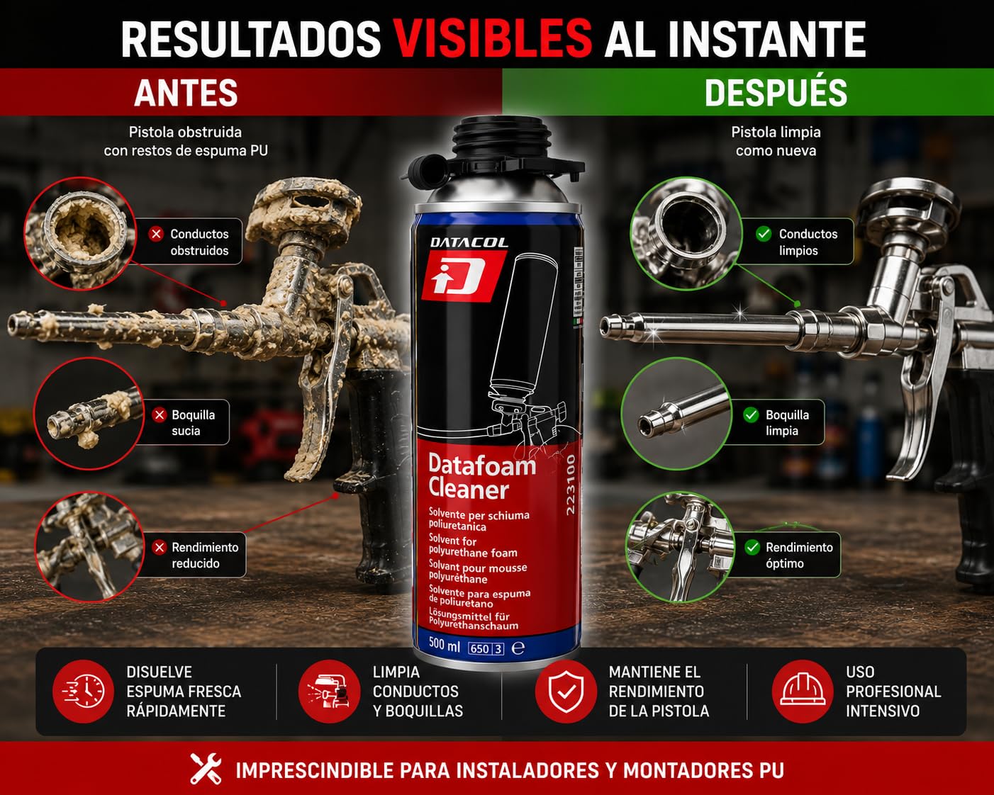 DATAFOAM CLEANER 500 ml – Solvente limpiador espuma poliuretano – PACK 12 – Aerosol para limpieza de pistolas PU y espuma fresca – DATACOL