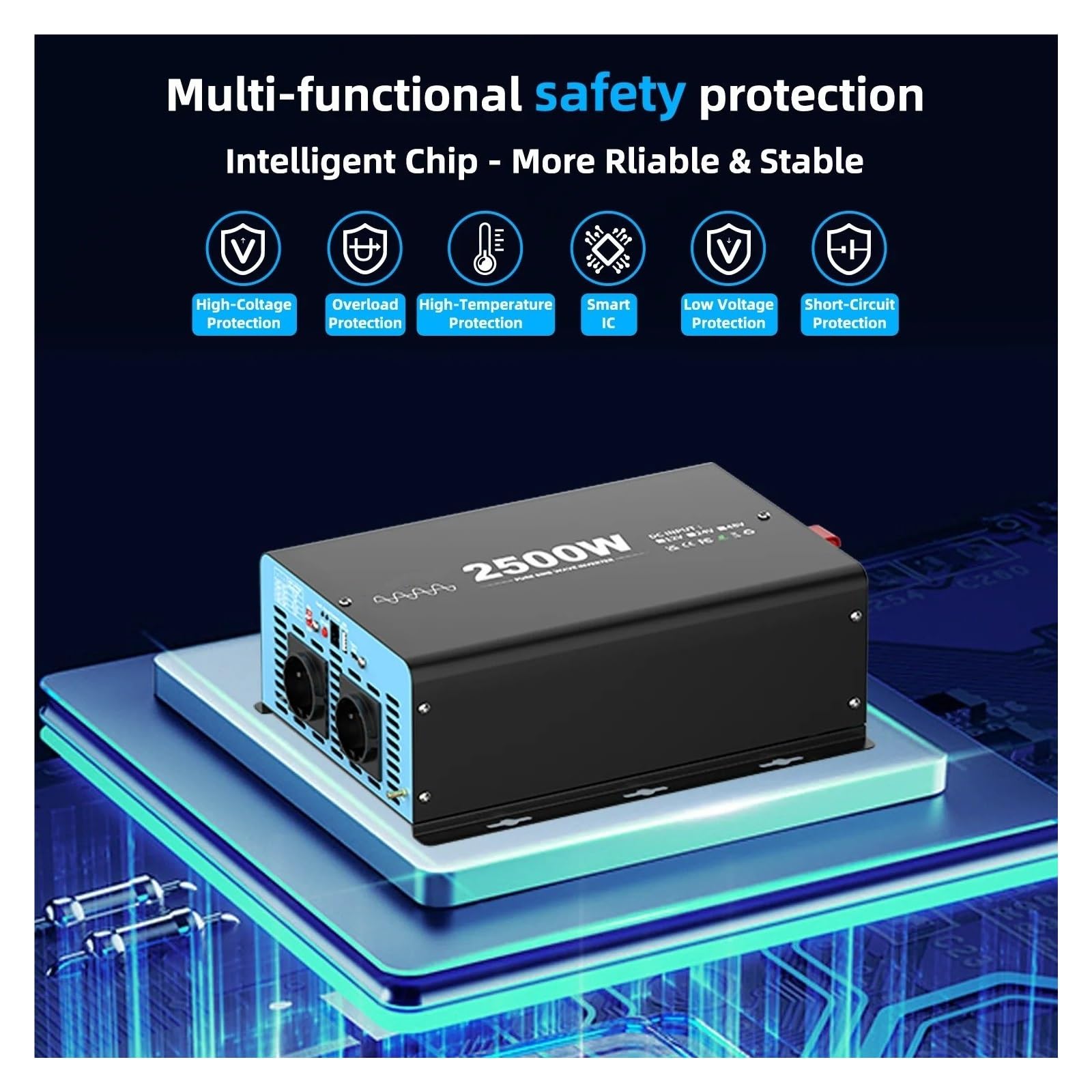 Inversor Inversor Onda Sinusoidal Pura 2500 W Potencia Máxima Continua 5000 W CC 12 V A CA 230 V 50 Hz Enchufe Europeo LCD Portátil Accesorios para Coche.