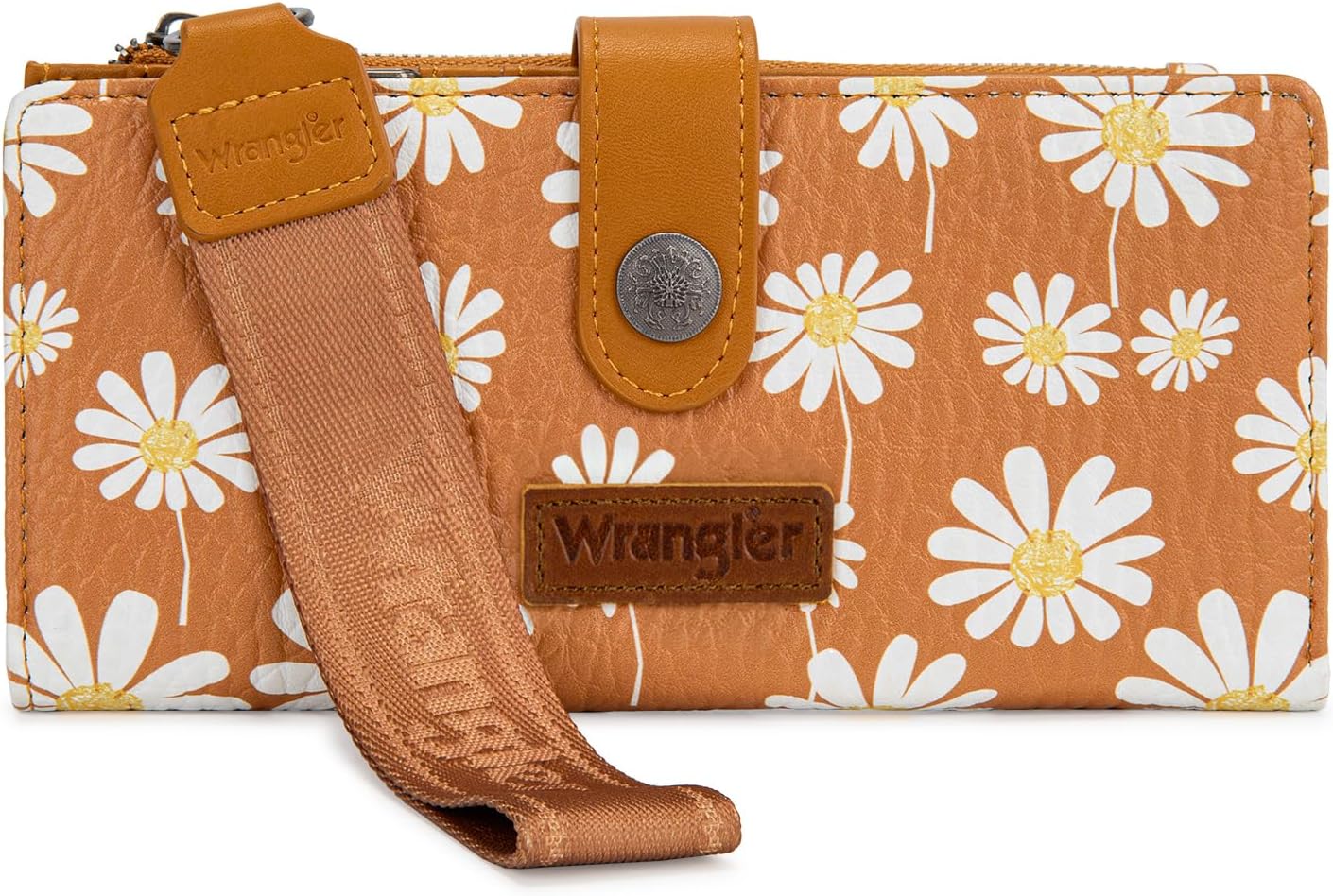 Montana West X Wrangler Brown Wristlet Wallet for Women Daisy Floral Wallet Large Capacity Clutch Wallets with Smooth Zipper and ID Window