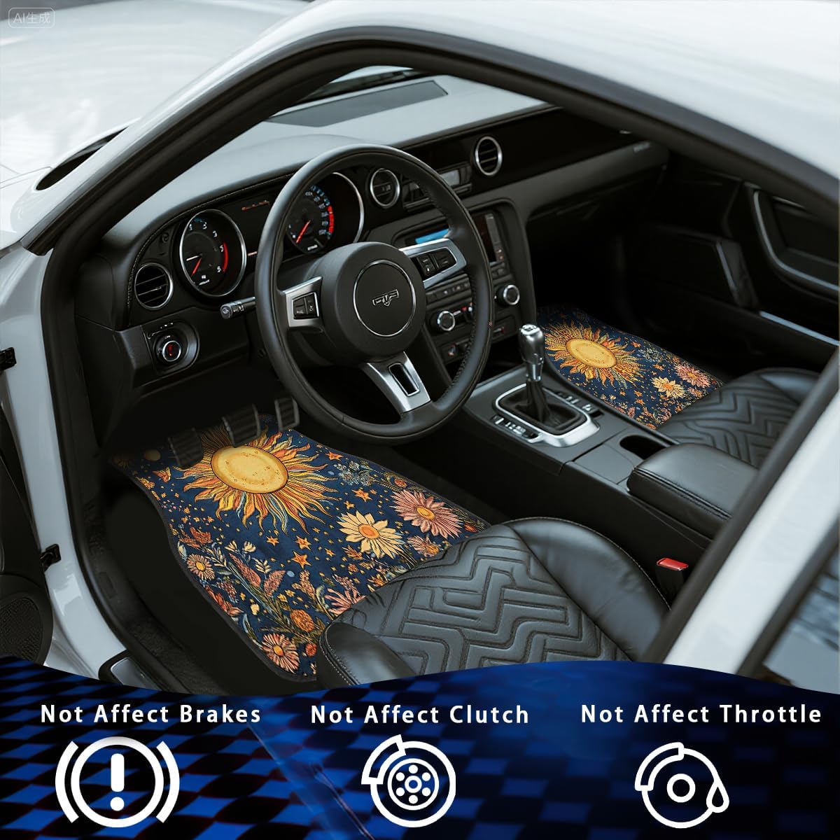 Abstract Car Floor Mats Set of 4 Vintage Sun Moon Star Floral Vibrant Color Carpet Front Rear Carpets Mat Non-Slip Auto Car Accessories Universal Fit for Car SUV Truck Van image 5