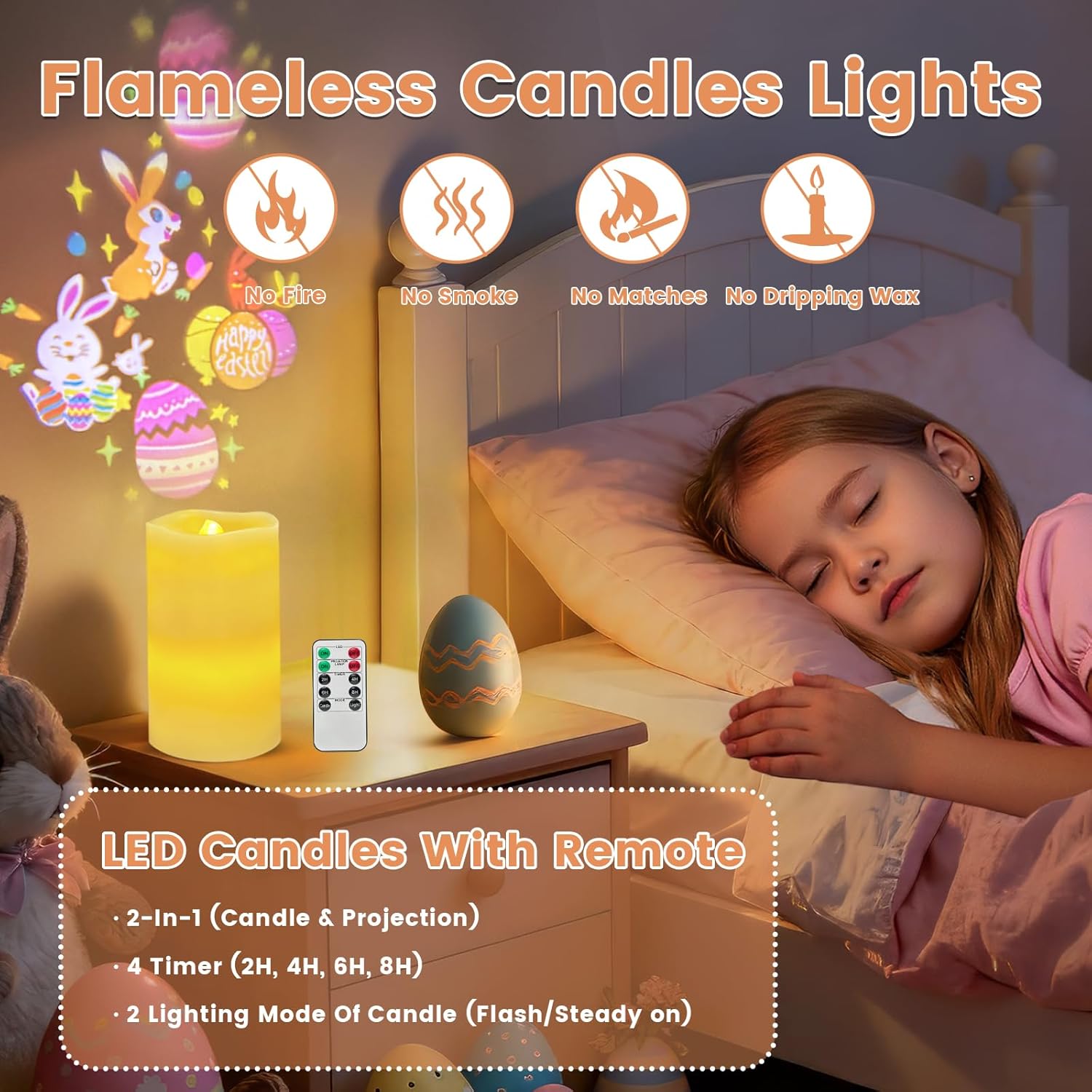AVEKI Easter Flameless Candles Projector, Bunny and Egg LED Pillar Candles with Remote and Timer, Real Wax Battery Operated Projection Light for Spring Farmhouse Decor, Gifts for Women Mom (A-Easter)