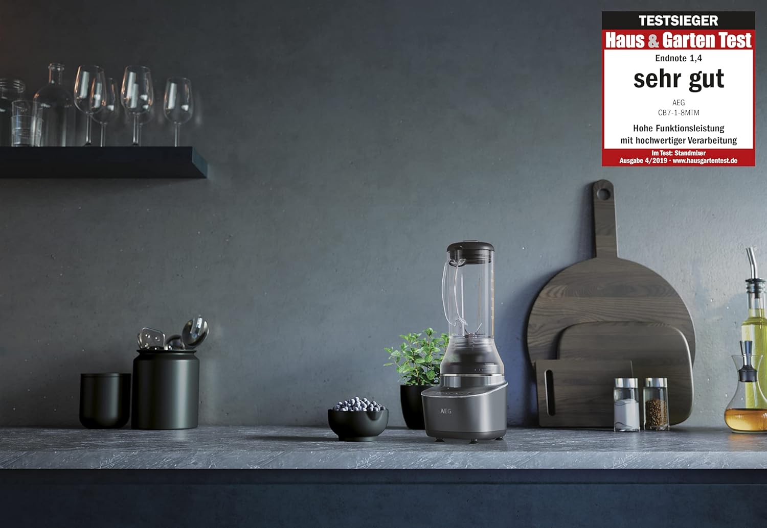 AEG CB7-1-8MTM Compact Blender (2 Levels, 2 Recipe Programmes, Pulse Function, Includes Accessories, LED Backlit Buttons, 6-Blade Stainless Steel Knife, 0.6 Litre Tritan Jug, Grey)