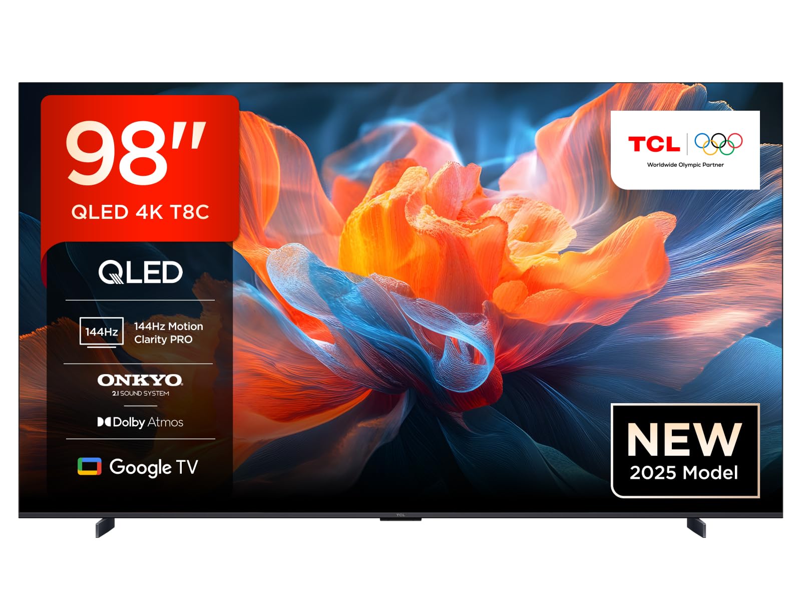 TCL 98T8C TV QLED 4K HDR Ultra HD da 98'', QLED TV con tecnologia Google TV (Dolby Vision e Atmos, Motion Clarity Pro a 144 Hz, FreeSync, audio Onkyo 2.1, compatibile con Google Assistant)