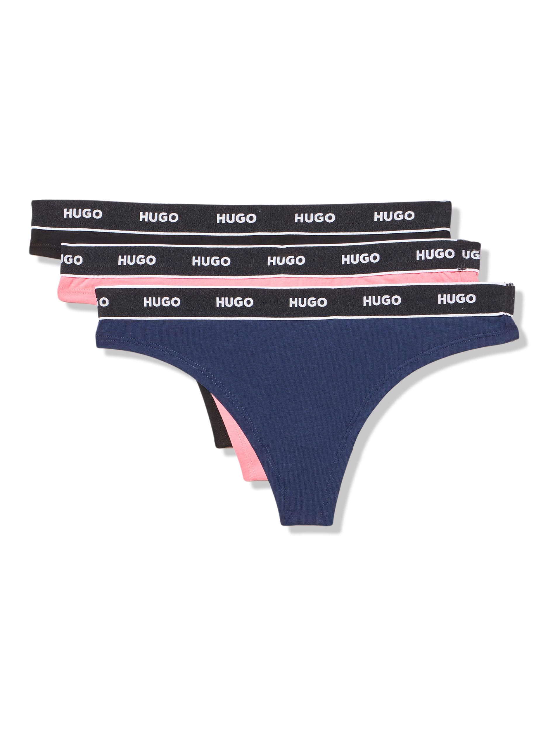 HUGO Women's 3-Pack Repeat Logo Cotton Stretch Thongs, Black/Navy/Dusty Petal Pink, S