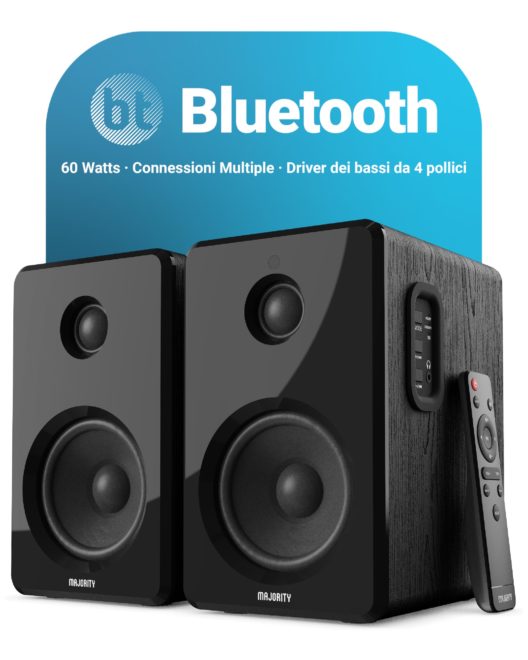 Majority 60W Casse Attive Bluetooth | Casse Acustiche HIFI con Driver da 4'' a 2.0 Canali | Altoparlante PC di Legno con Ingresso Ottico, USB e AUX per il Suono HD D40