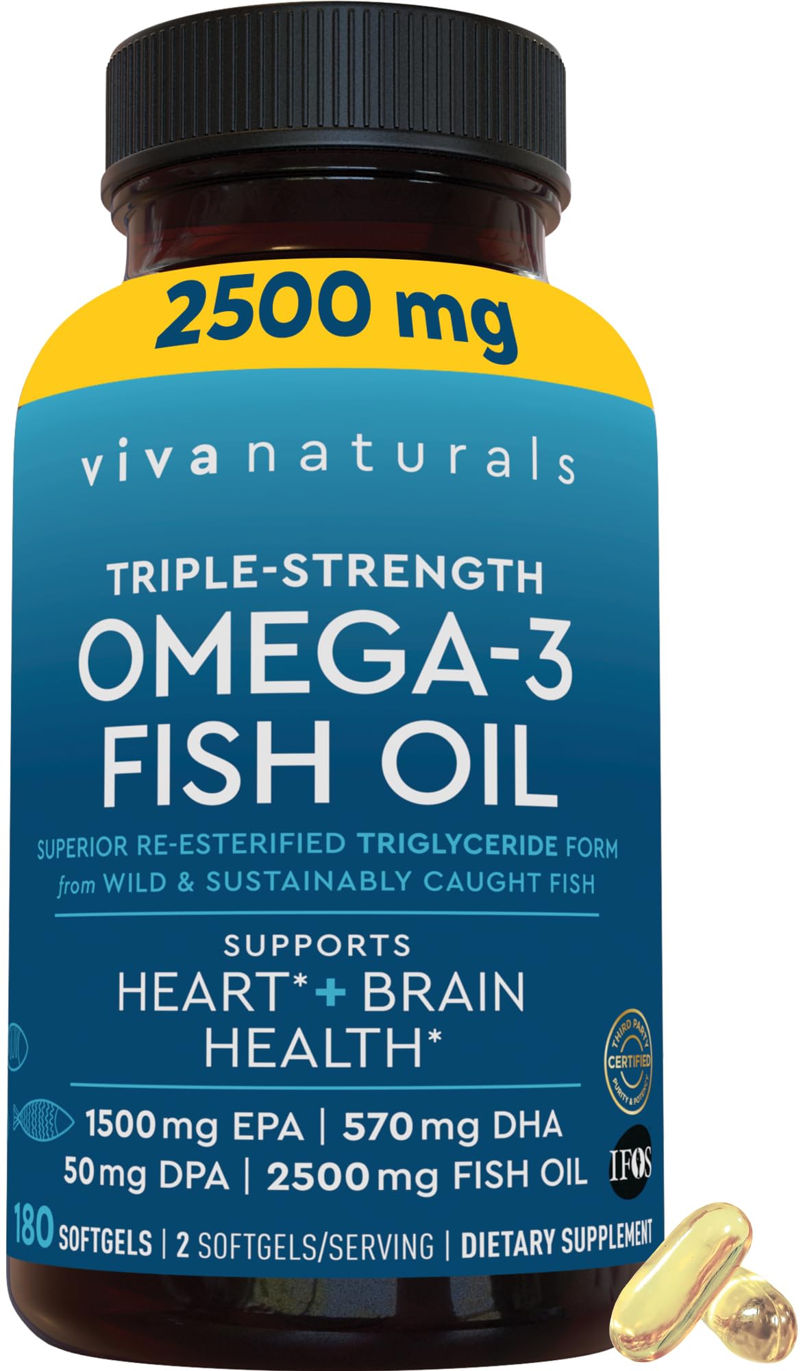 Omega 3 Fish Oil Supplement for Women and Men - 2500 mg Triple Strength Fish Oil Pills with Re-Esterified Omega 3 Fatty Acids including EPA, DHA DPA - 180 Pescatarian-Friendly