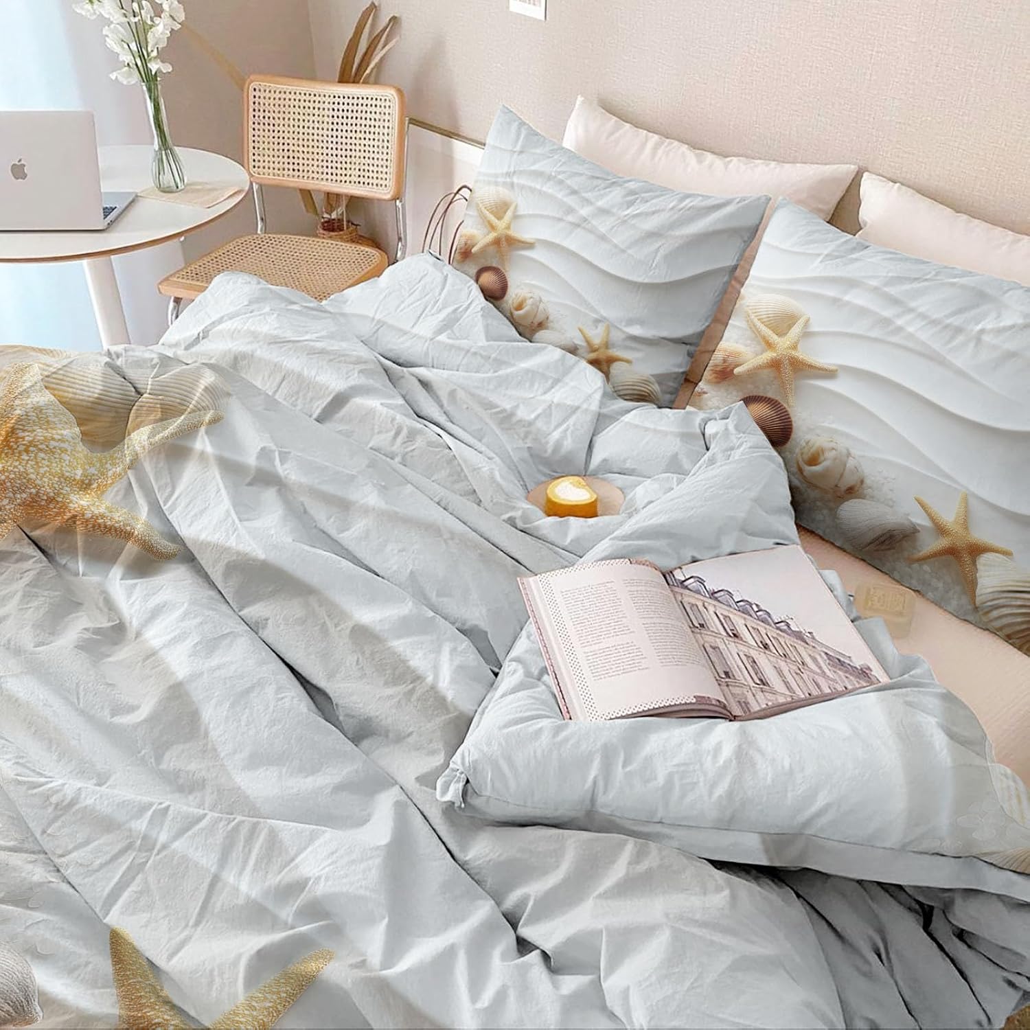 Duvet Cover Sets Landscape Desert Seashells Starfish Reversible Bedding Printed Comforter Sets, Full Size 80"x90" Bedding for Kids Boys Girls Adult, Quilt Cover with Zipper Closure 4 Ties, White