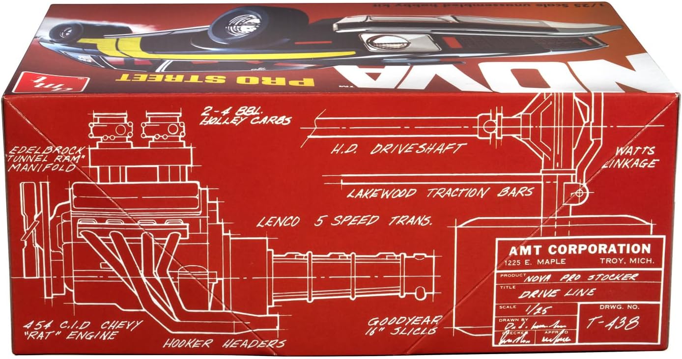 AMT 1976 Chevy Nova Pro Street 1:25 Scale Model Kit – First Release in 20 Years, 454 C.I.D. Chevy “Rat” Engine, Custom Chassis & Interior, Ultra-Wide Rear Tires & Decals