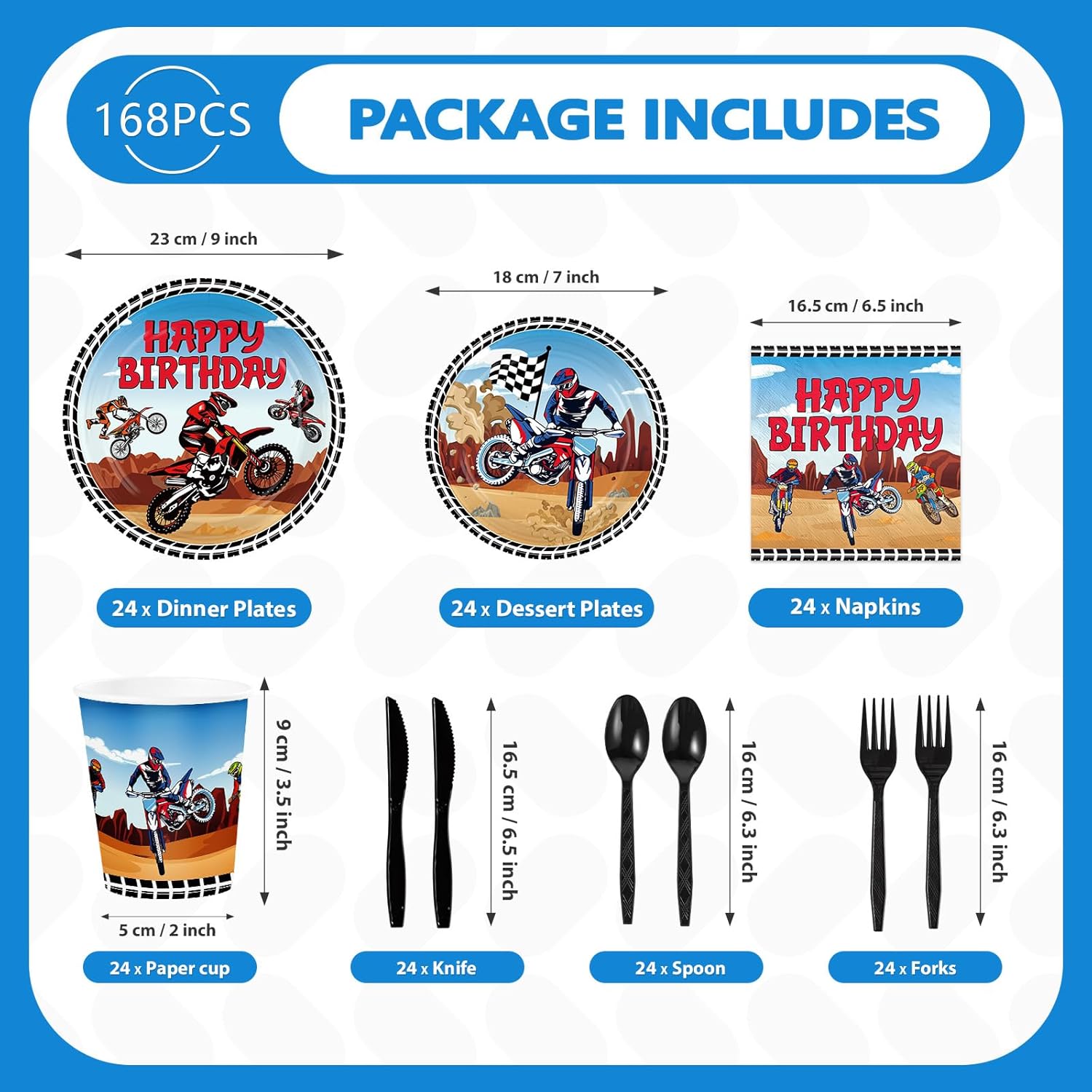 168Pcs Dirt Bike Birthday Party Decorations Motorcycle Birthday Plates and Napkins Cups Forks Tableware Sets for Boys Kids Motocross Dirt Bike Theme Party Supplies Serves 24