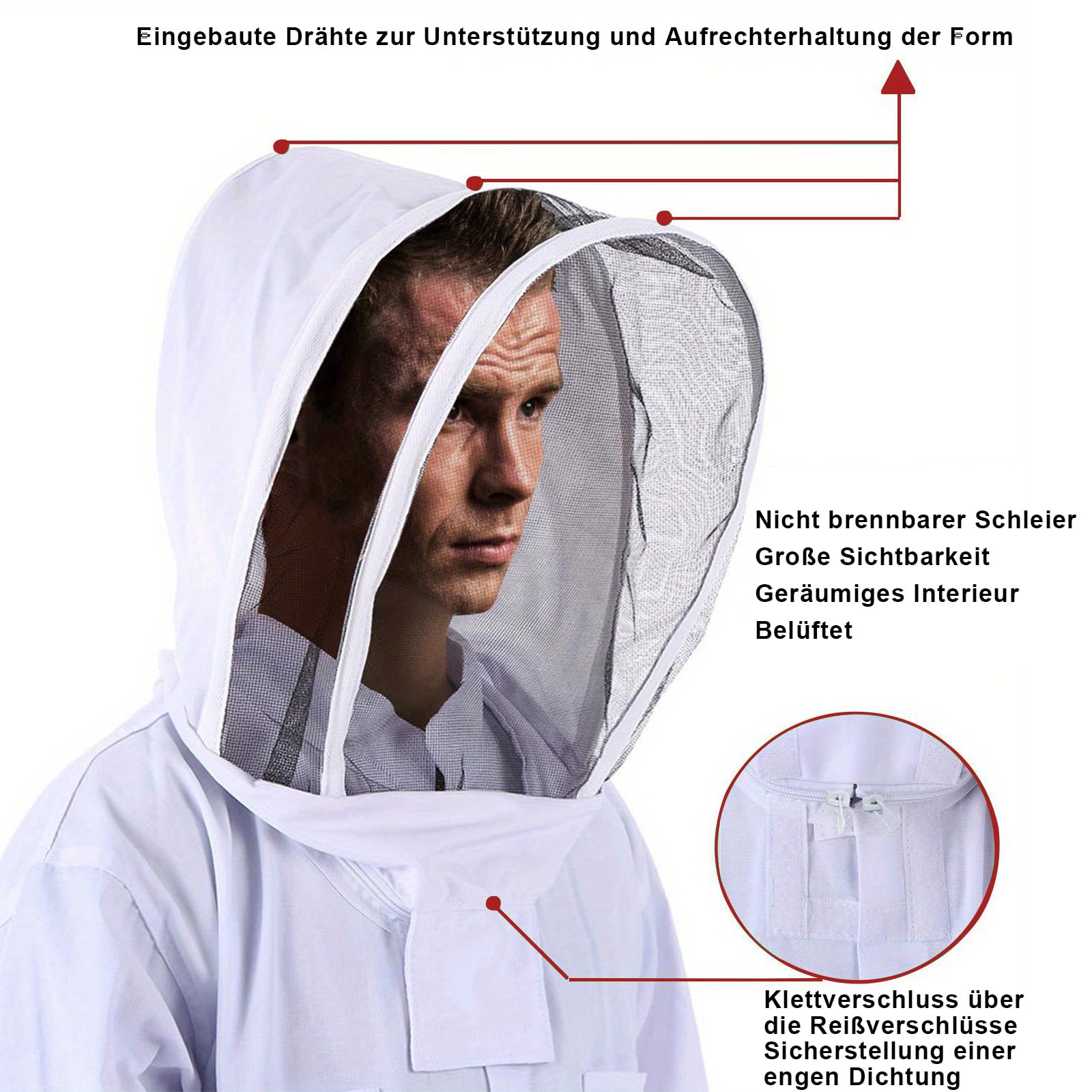 Imker-Schutzanzug mit Handschuhen, kompletter Imker-Schutzanzug, Imkerausrüstung mit Schutzmaske und Kapuze, weißer Imkeranzug für Damen und Herren (L)