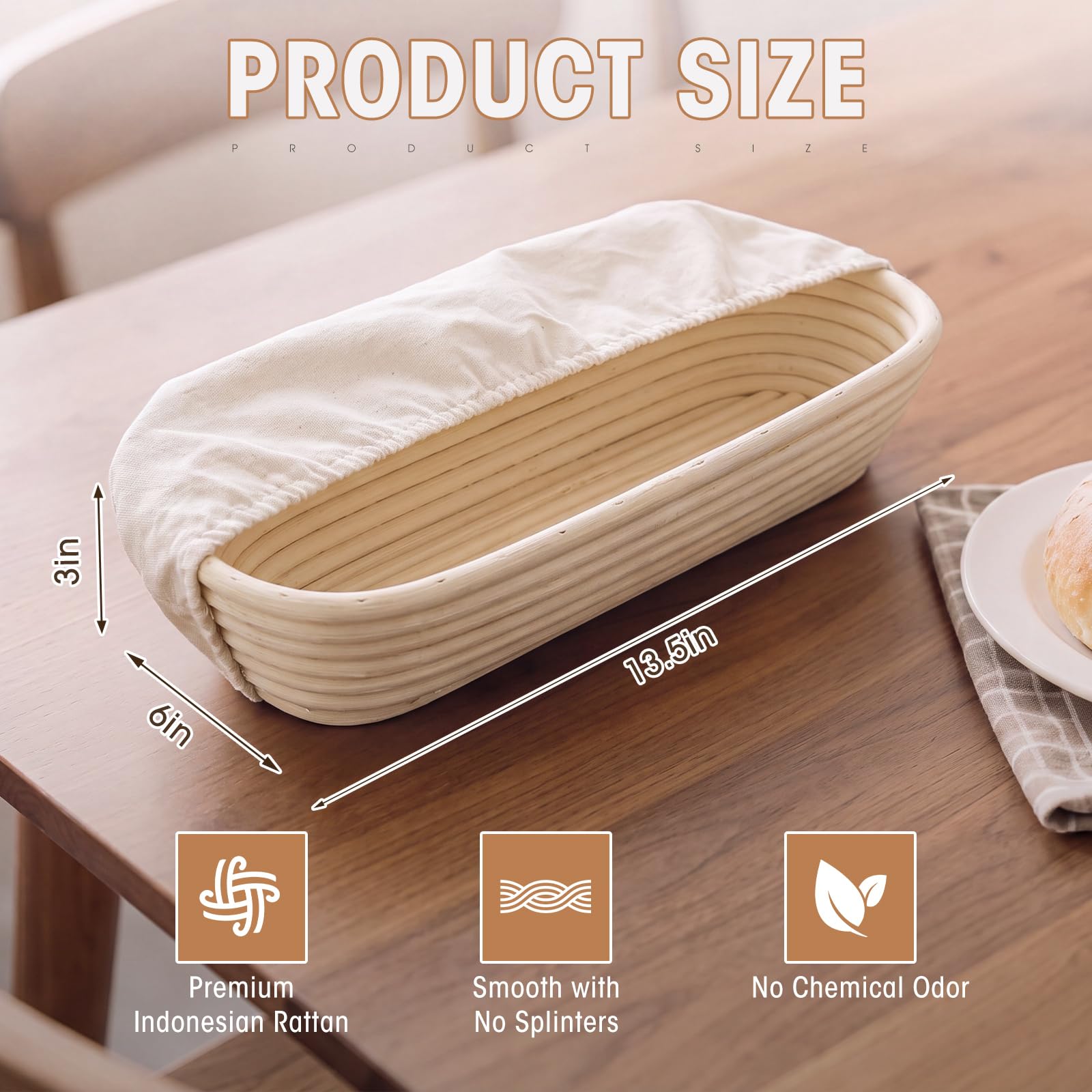 Vesici Baguette-Banneton-Gärkörbe, 35,6 cm, 6 Stück, mit Leineneinsatz, Baguette-Banneton, Brotbackkörbe, Rattan-Teiggärkörbe für Zuhause, Backzubehör, Backgeschenke