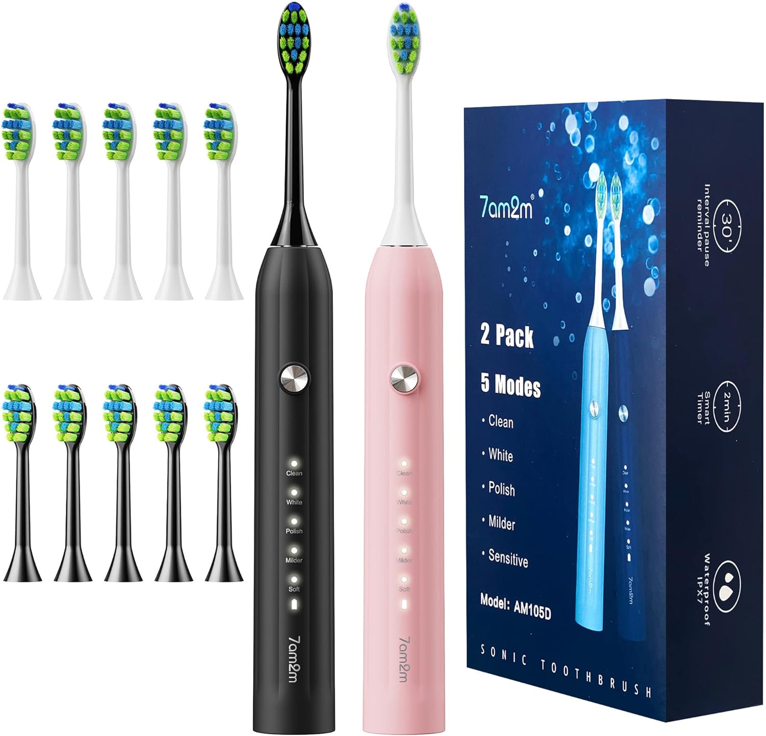 7AM2M Rechargeable Sonic Electric Toothbrush 2 Pack, Soft Toothbrushes for Adults and Kids with 12 Brush Heads, IPX7 One Charge Use for 90 Days, 5 Modes with 2 Minutes Build in Smart Timer