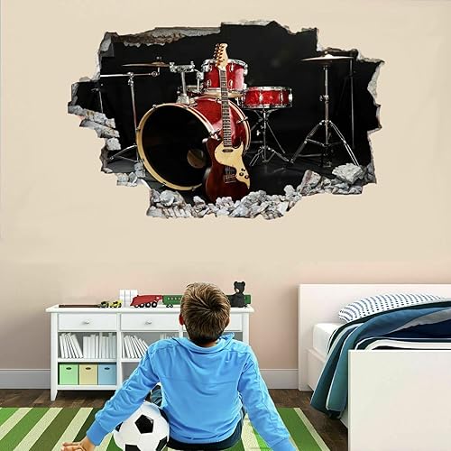 Miniatura 3 de Calcomanías de pared de guitarra, arte de tambores aplastados 3D, calcomanías de pared extraíbles, mural de pared musical, dormitorio, vinilo