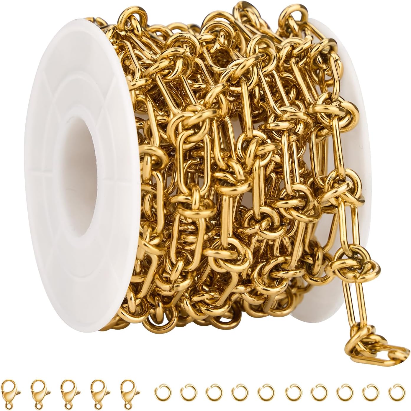 SMYHTGLIF 6.5 Feet Gold Paperclip Jewelry Making Chains Roll Buckles Link Unsoldered Stainless Steel Chain for Jewelry Making with Lobster Clasps and Open Jump Rings