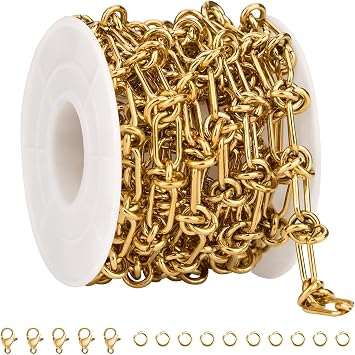 SMYHTGLIF 6.5 Feet Gold Paperclip Jewelry Making Chains Roll Buckles Link Unsoldered Stainless Steel Chain for Jewelry Making with Lobster Clasps and Open Jump Rings