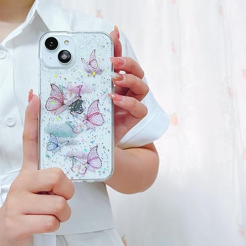 Miniatura 2 de MUNDULEA Funda compatible con iPhone 15 transparente con diseño de mariposas para mujeres y niñas, flexible, TPU con estrellas, brillantina,