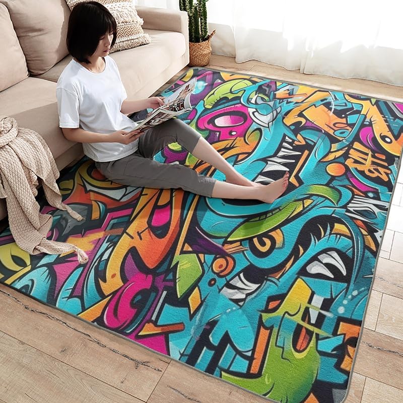Miniatura 15 de Alfombras lavables para sala de estar, dormitorio, alfombra de graffiti musical y decoración del hogar, alfombra de área de hip hop de 3 x 4, Música