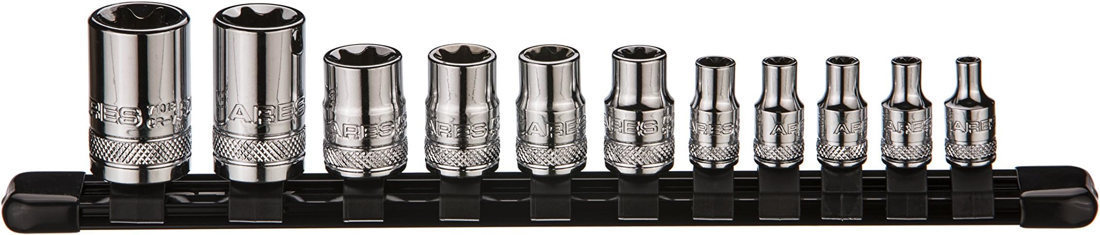 ARES 70261 - External Torx Socket Set - 11-Piece Set Includes 1/4-Inch, 3/8-Inch and 1/2-Inch Drive E4 to E20 Sockets - Set Comes Complete with Convenient Socket Storage Rail