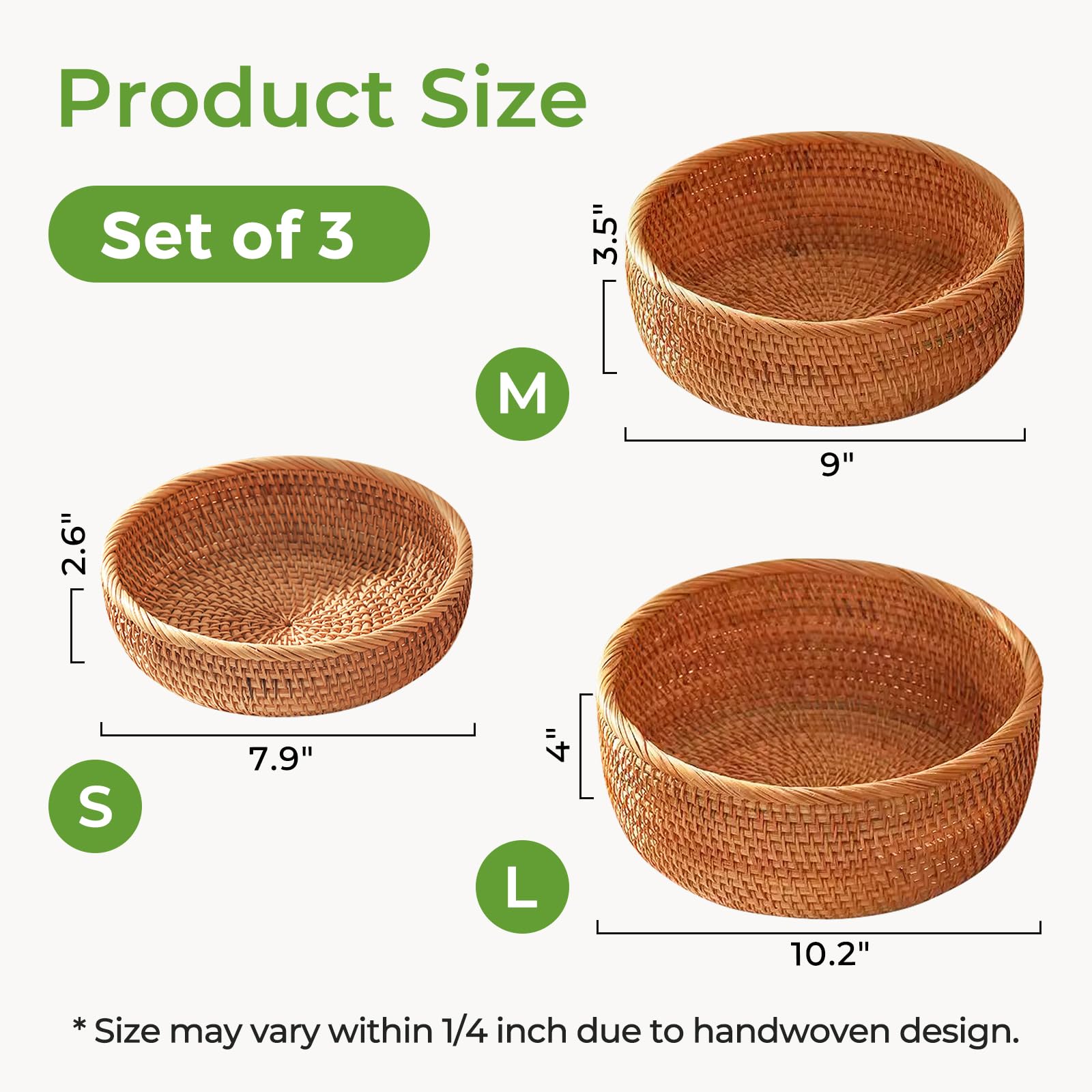 Cesta de pan de ratán, juego de 3 cestas redondas de mimbre para almacenamiento de mimbre natural, cestas decorativas para organizar encimera de cocina, bandeja de servir de ratán