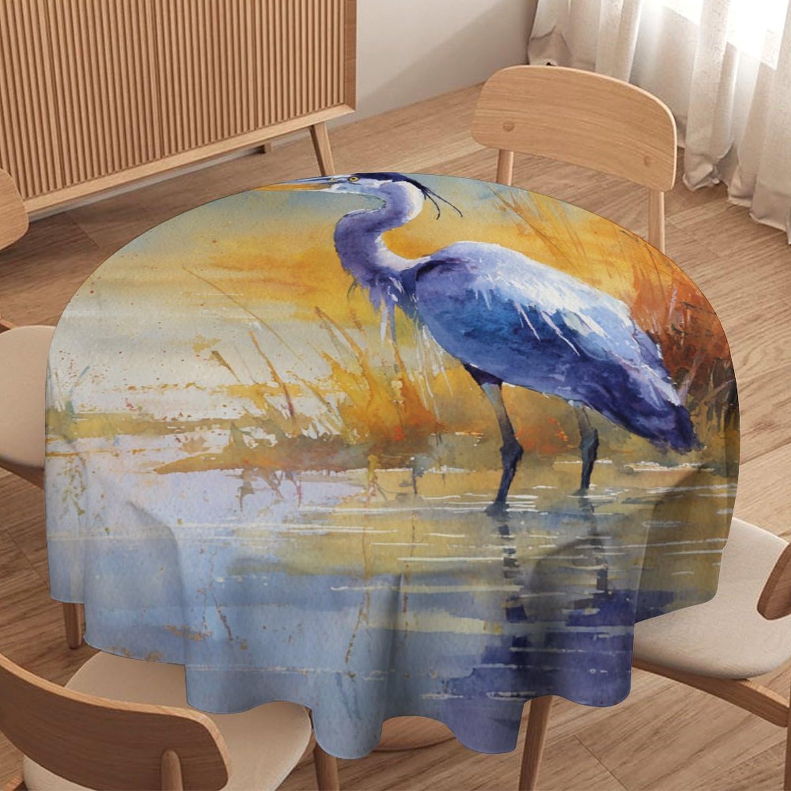LUYYSKY Beautiful Classic Blue Heron Waterproof Round Tablecloth Natural Watercolor Spring Lake Animal Heron Pattern Washable Table Cover for Kitchen-91.4" Wx91.4 L cm