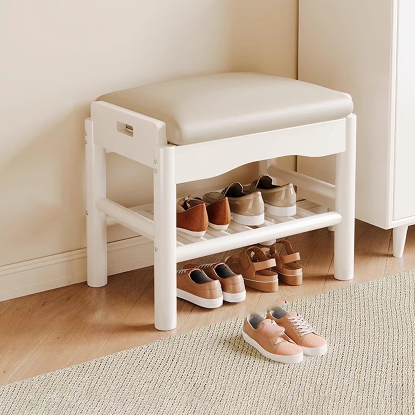Organiseur de chaussures blanc crème avec banc de rangement rembourré 60 cm