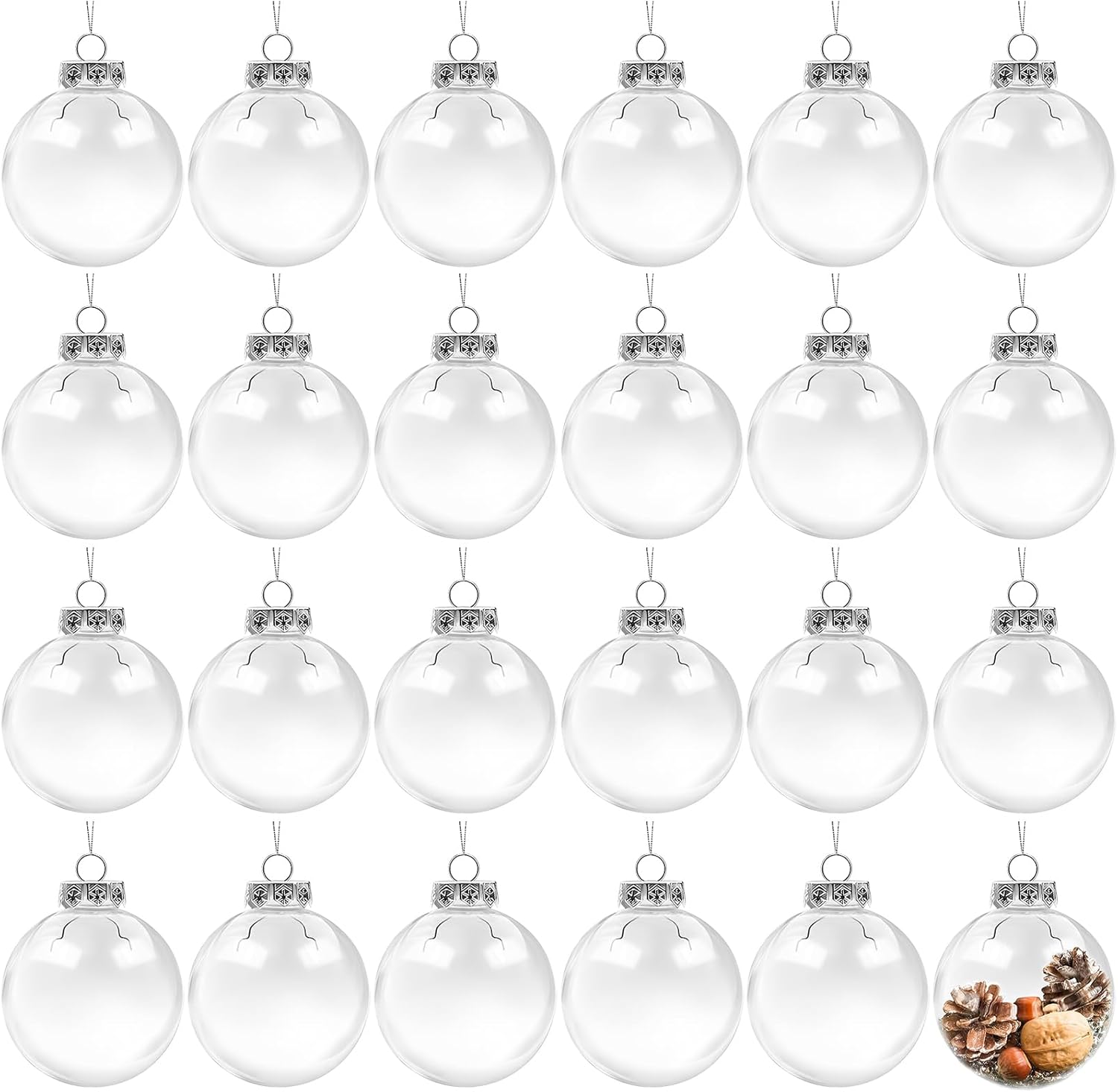 24 Pcs Clear Christmas Plastic Ornament Ball,Christmas Clear Baubles with Rope and Removable Metal Cap,Transparent Fillable Sphere Light Bulb for Christmas Tree Decor,2.4 inch