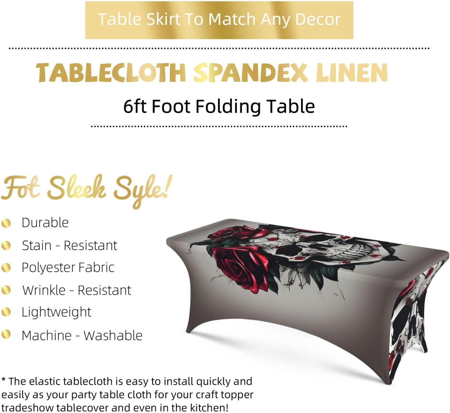 Red Rose Skull Print Table Cover Rectangular Tablecloth for 6-Foot Tables for Wedding Banquets Outdoor