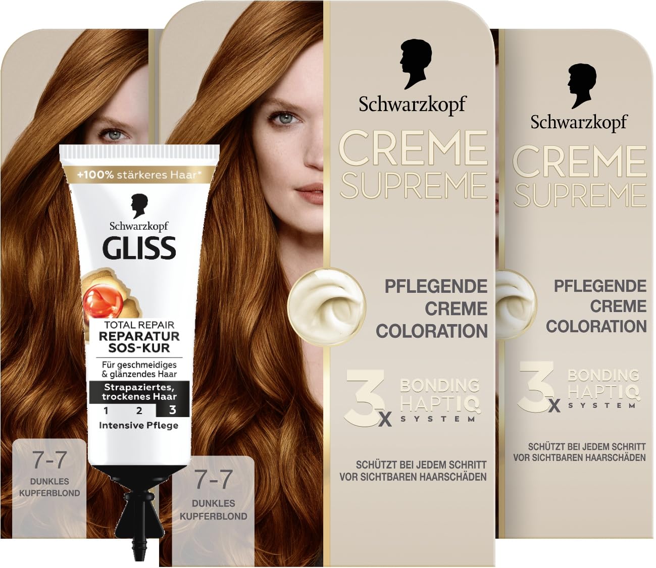 Schwarzkopf Creme Supreme Coloration 7-7 Dunkles Kupferblond (3x 182 ml), dauerhafte Haarfarbe mit Serum und Haar-Maske & SOS-Intensiv-Kur Total Repair (15 ml), Haarkur mit Keratin