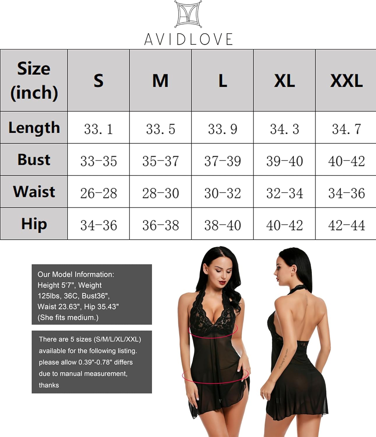 Vista 6 de Halter Avidlove,Babydoll de encaje con tirantes. Lencería Halter