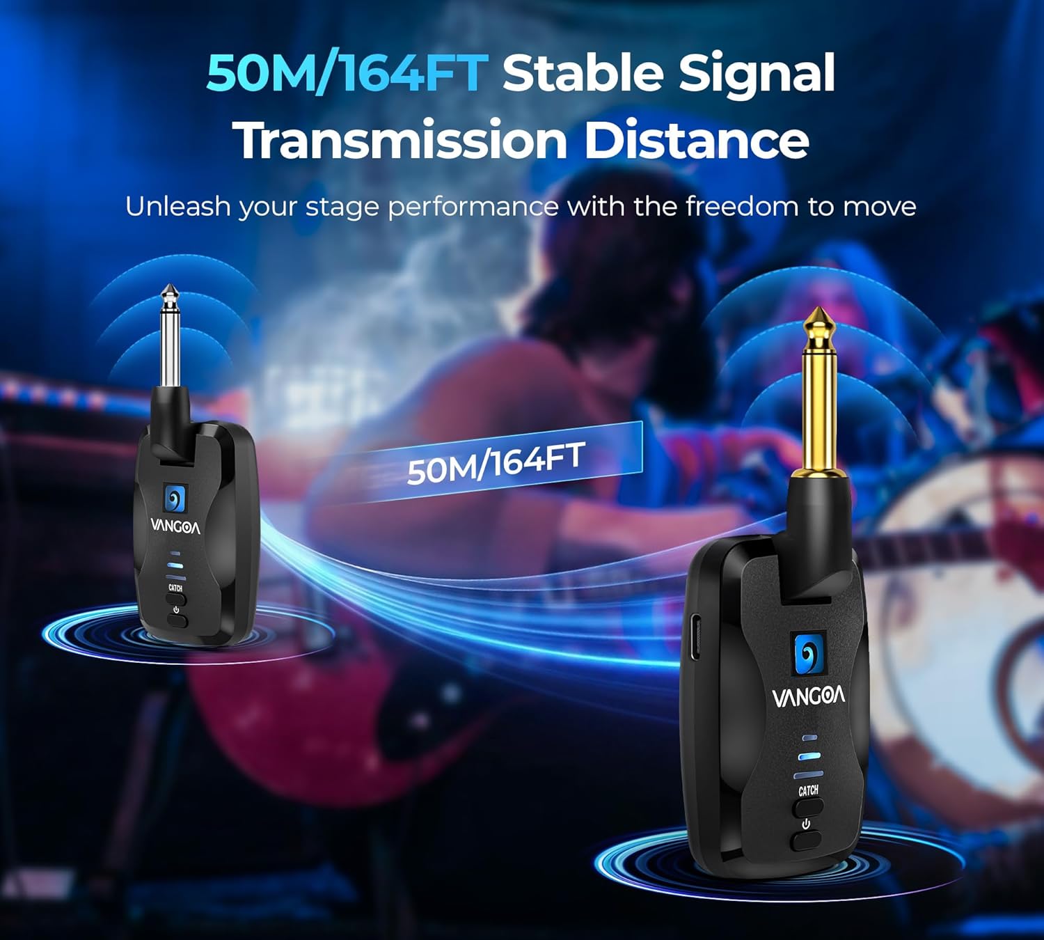 Vangoa Wireless Guitar System with Storage Case, 2.4Ghz Rechargeable Audio Wireless Guitar with Mute Plug 4 Channels for Bass Electric Instruments