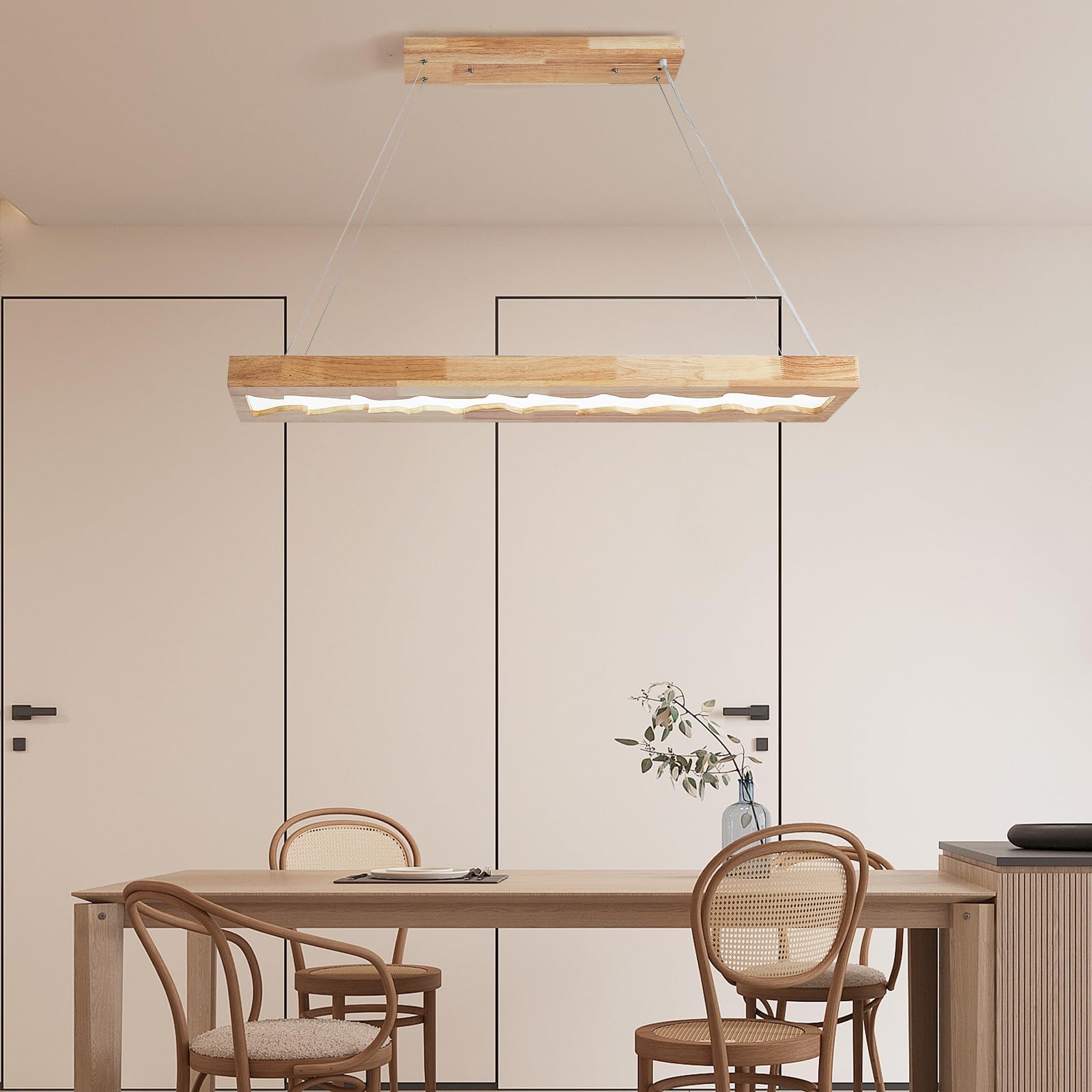 LED Pendelleuchte Esstisch Holz, Dimmbar KüChe HäNgelampe Mit Fernbedienung, 100 Cm, 40 W, Rustikale Vintage Lampe, 1,3 M HöHenverstellbar Wohnzimmerlampe FüR Esstisch, Wohnzimmer, Dekor