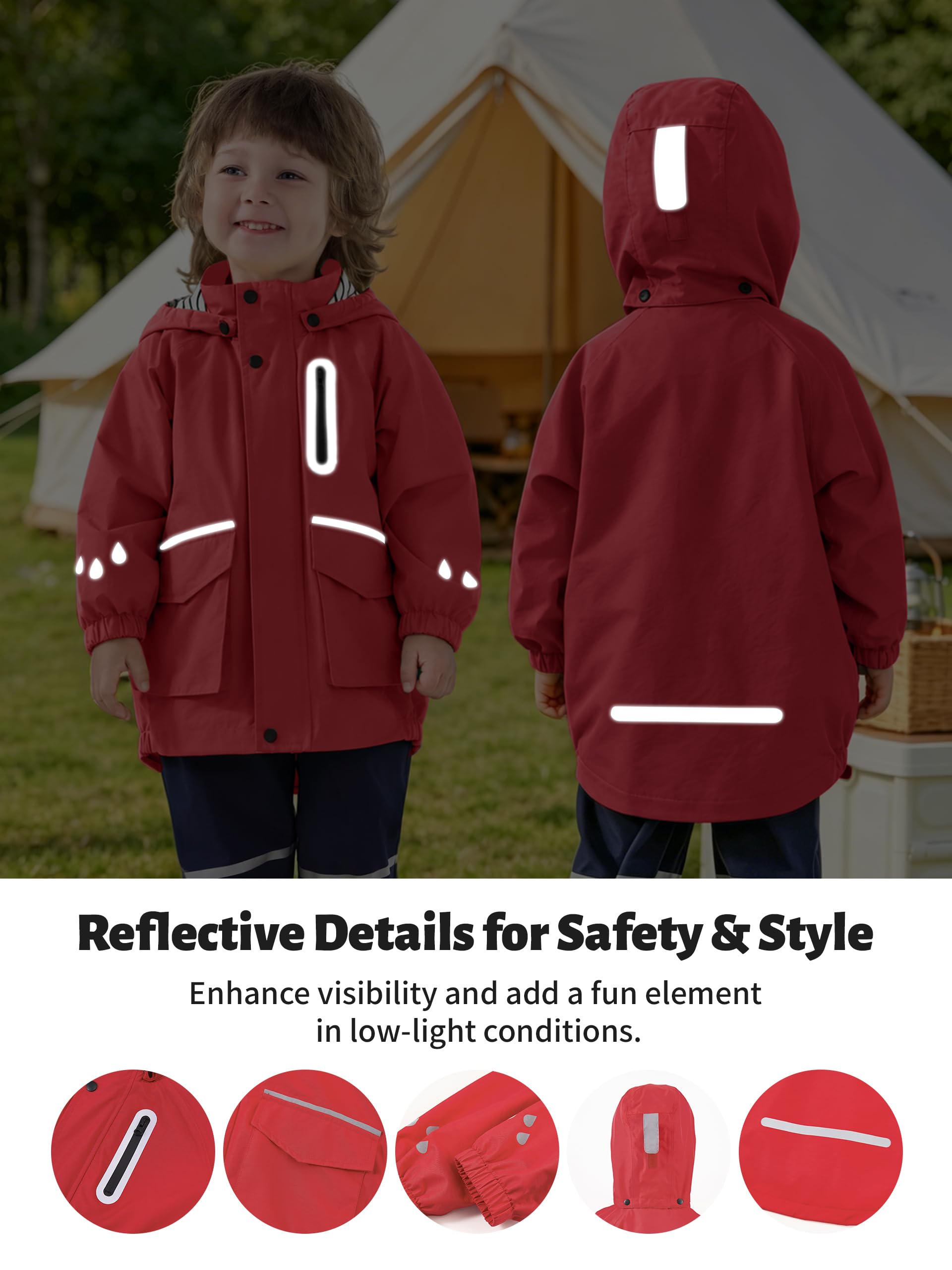Volunboy Veste de Pluie Imperméable pour Enfants, Coupe-Vent Léger à Capuche Amovible, Bandes Réfléchissantes, Fille & Garçon 2-6 Ans