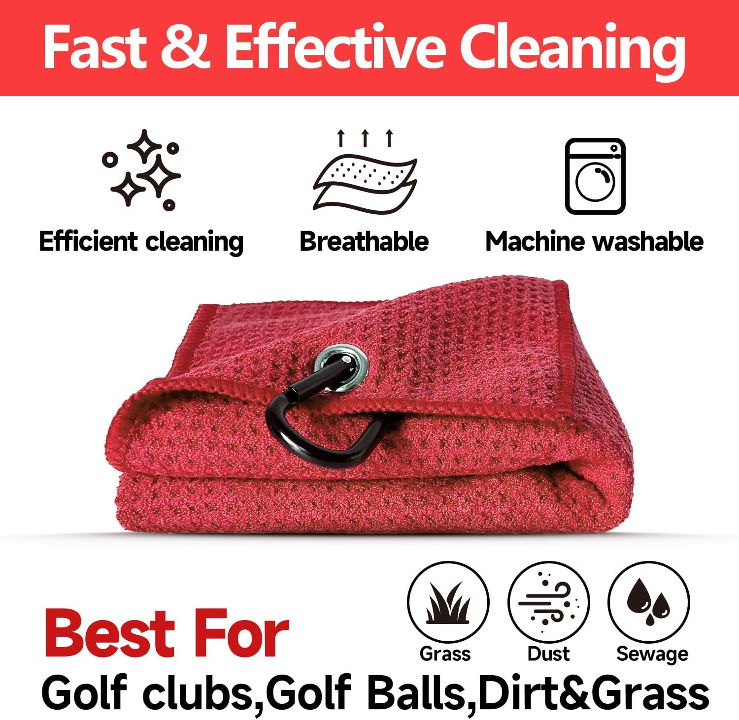 3 Pack Golf Towels - 16"x24" Tri-Fold Waffle Microfiber Golf Towel for Golf Bag/Golf Cart, Heavy-Duty Carabiner & Ultra Absorbent Fabric to Wipe Sand, Mud & Sweat (Black/Grey/Red) - Image 3