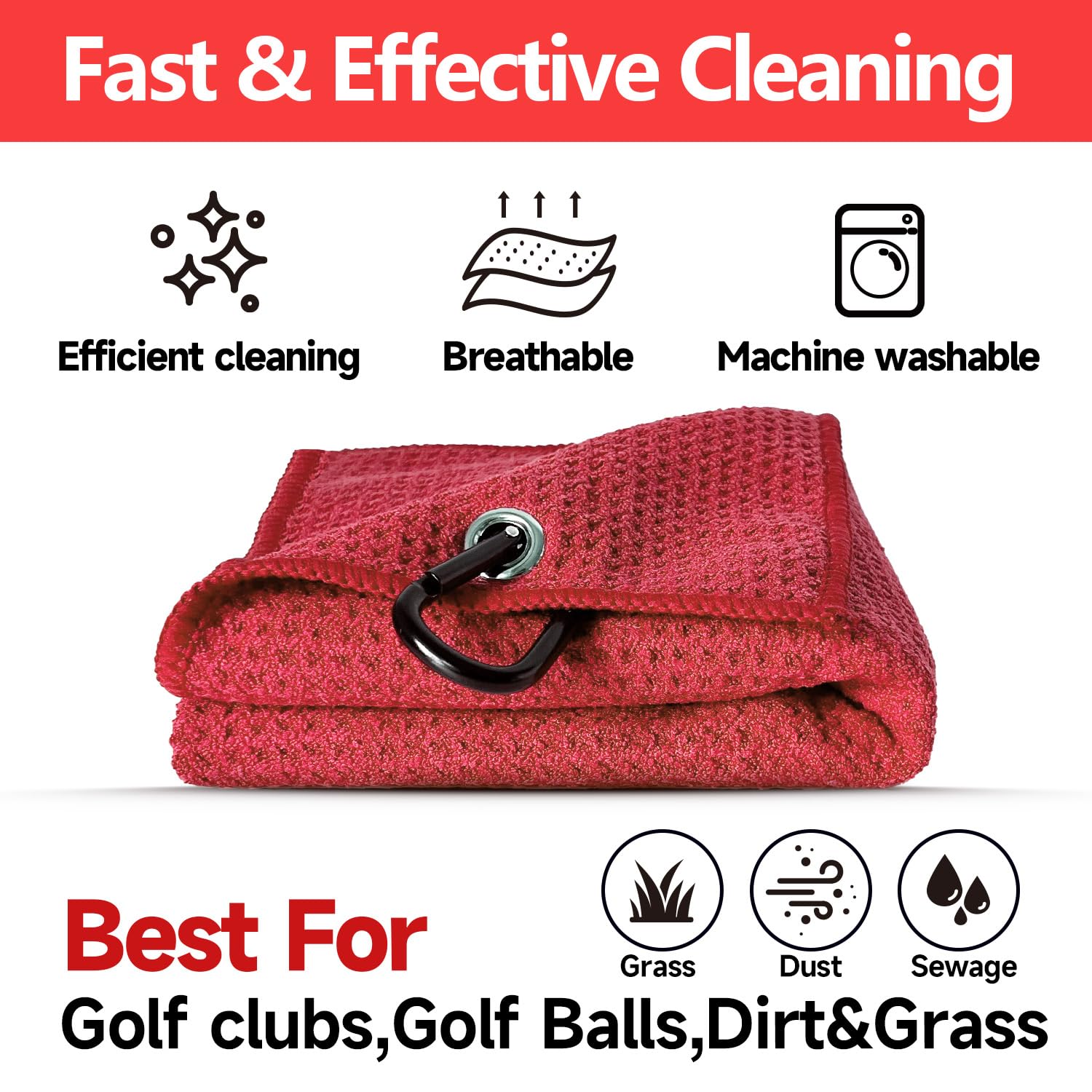 Paquete de 3 toallas de golf, toalla de golf de microfibra de triple pliegue de 16 x 24 pulgadas, para bolsa de golf/carrito de golf, mosquetón resistente y tela ultra absorbente para limpiar la