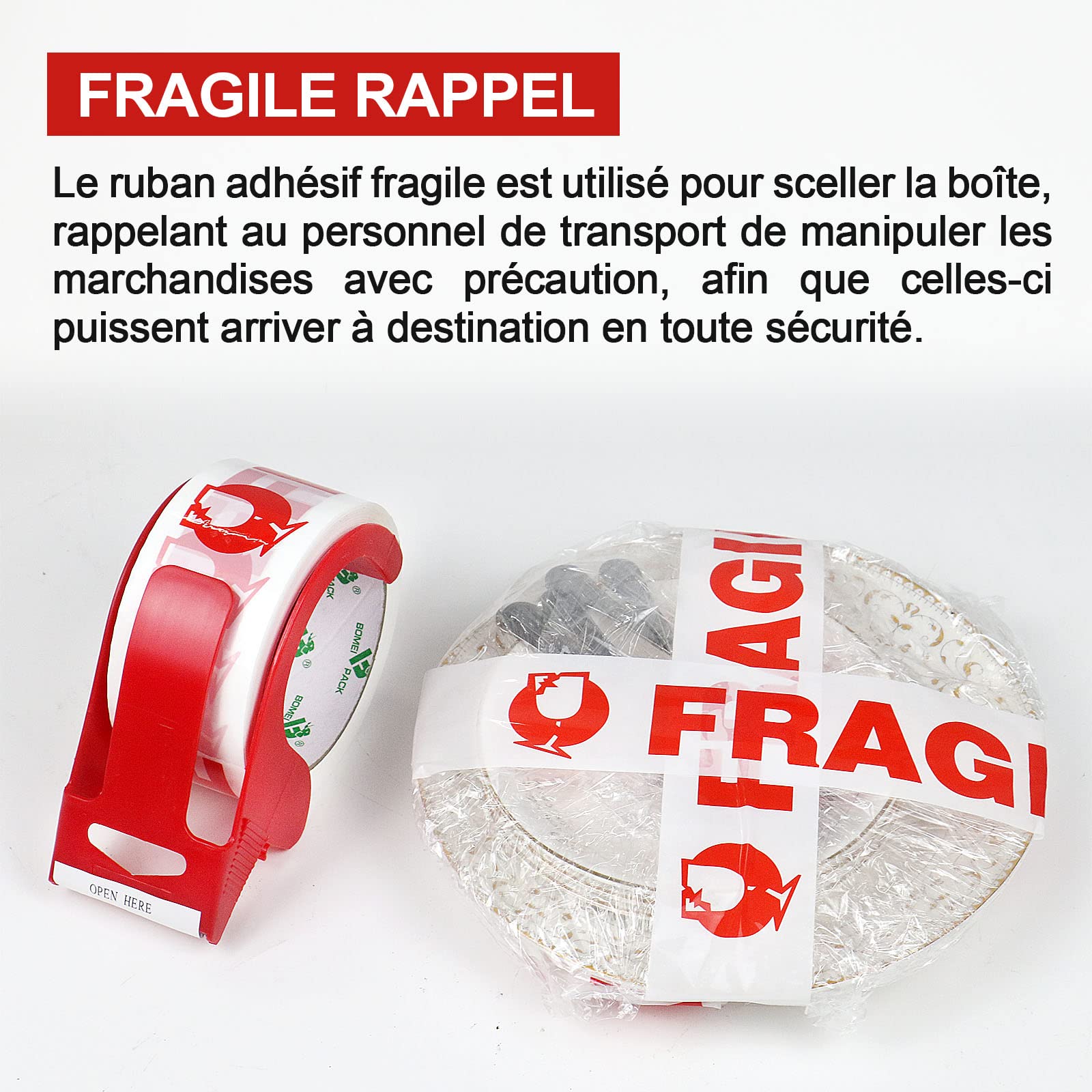 BOMEI PACK 18 Rouleaux Ruban Adhésif Fragile 48 mm x 66 m avec dévidoir pour colis et boîtes, Ruban adhésif emballage fragile