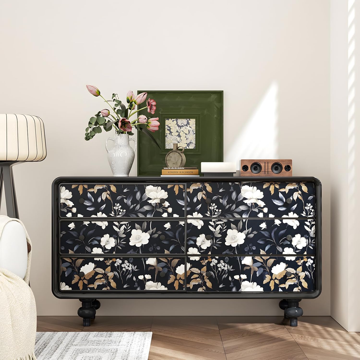 ILHIIOR Dark Blue Floral Peel and Stick Wallpaper Boho Leaf Contact Paper Dark Flower Removable Self Adhesive Waterproof Wall Paper for Cabinet Drawers Wall Decor Renter Friendly 17.5''x393''