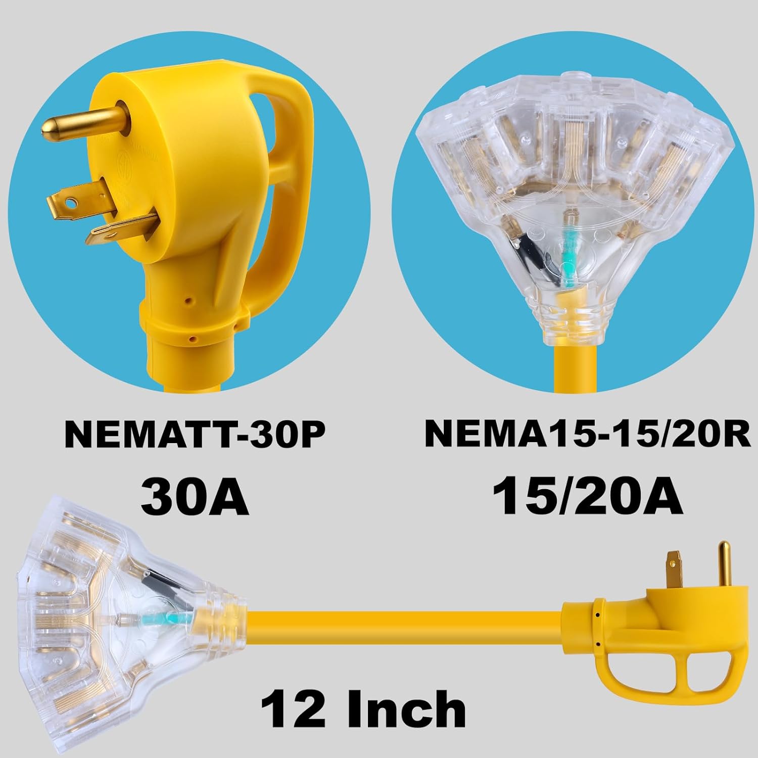 30 Amp to 110V 20 Amp RV Power Adapter Generator Distribution Extension Cord Cable NEMA TT-30P Male to 3x5-15R/20R Outlets Splitter with LED Indicator,3-Way 120V Electrical for RV Generators