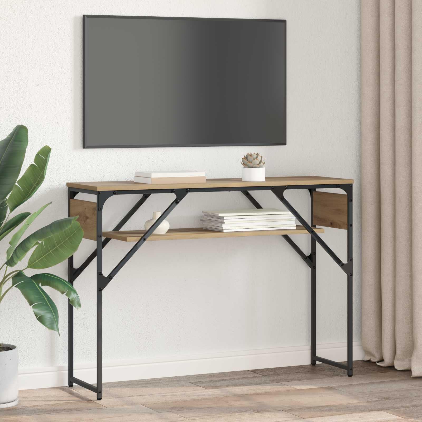 Tavolo consolle in rovere Artisan, con ripiano, 105 x 30 x 75 cm, telaio in metallo verniciato a polvere, spazio per soggiorno, casa, ufficio, studio