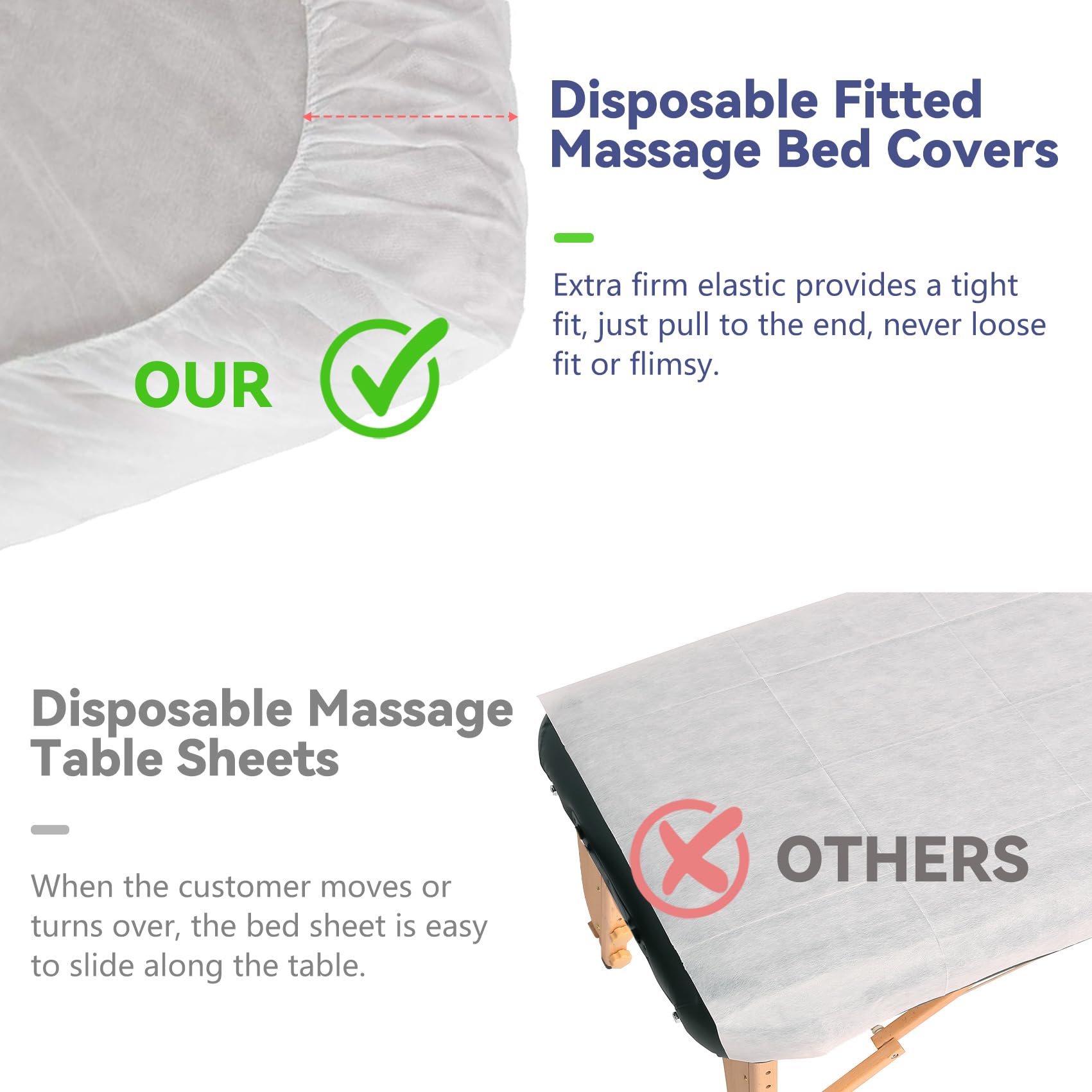 50 sábanas bajeras desechables para mesa de masaje, funda de cama elástica resistente, sábanas bajeras desechables transpirables para spa, tela blanca no tejida, 36 x 85 pulgadas (50 unidades)