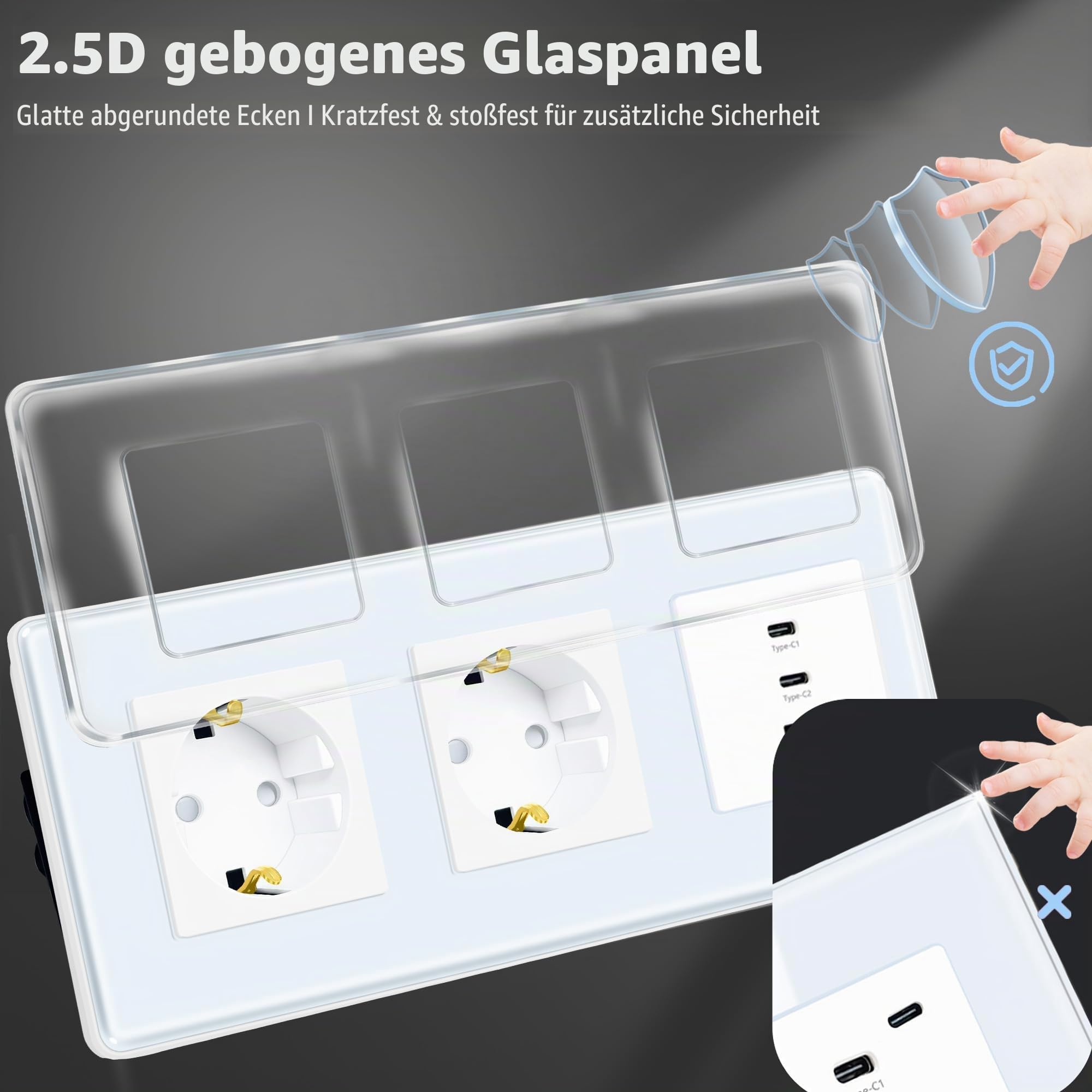 TAWOIA Schuko Steckdose Mit 65W Type C und USB Schnelllade Schnittstelle für Mobiltelefone, Tablets und Laptops,2 Fach Unterputz Mit 2,5D Curved Glas Platte, Wandsteckdosen Weiß 86 * 228mm